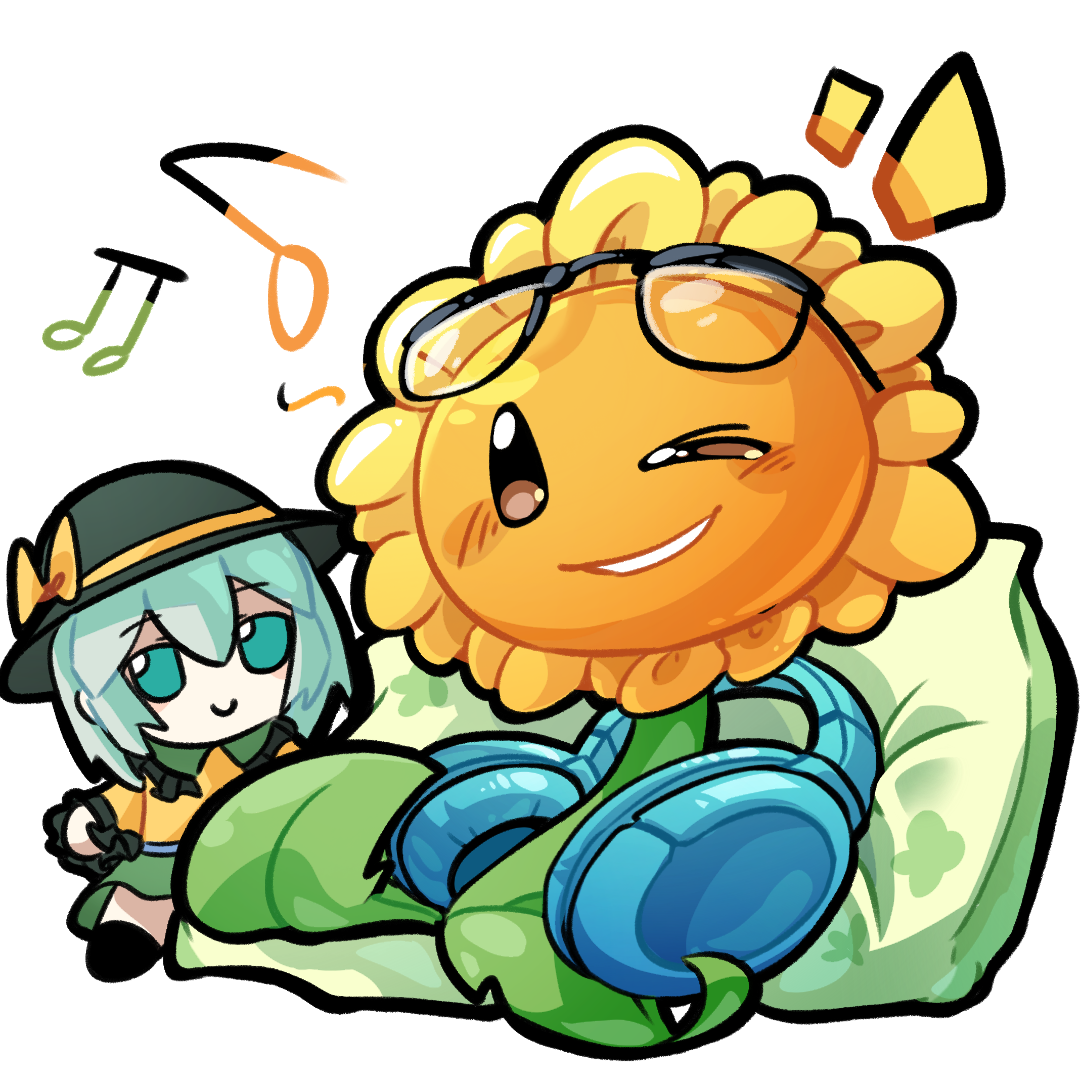 shenmeshihou, komeiji koishi, sunflower (plants vs. zombies), plants vs. zombies, touhou, chinese commentary, commentary request, ;d, black-framed eyewear, black eyes, character doll, doll, eyewear on head, flower, flower focus, fumo (doll), glasses, grin, headphones, leaf, looking at viewer, musical note, notice lines, one eye closed, open mouth, pillow, simple background, smile, solid oval eyes, solo, sunflower, white background