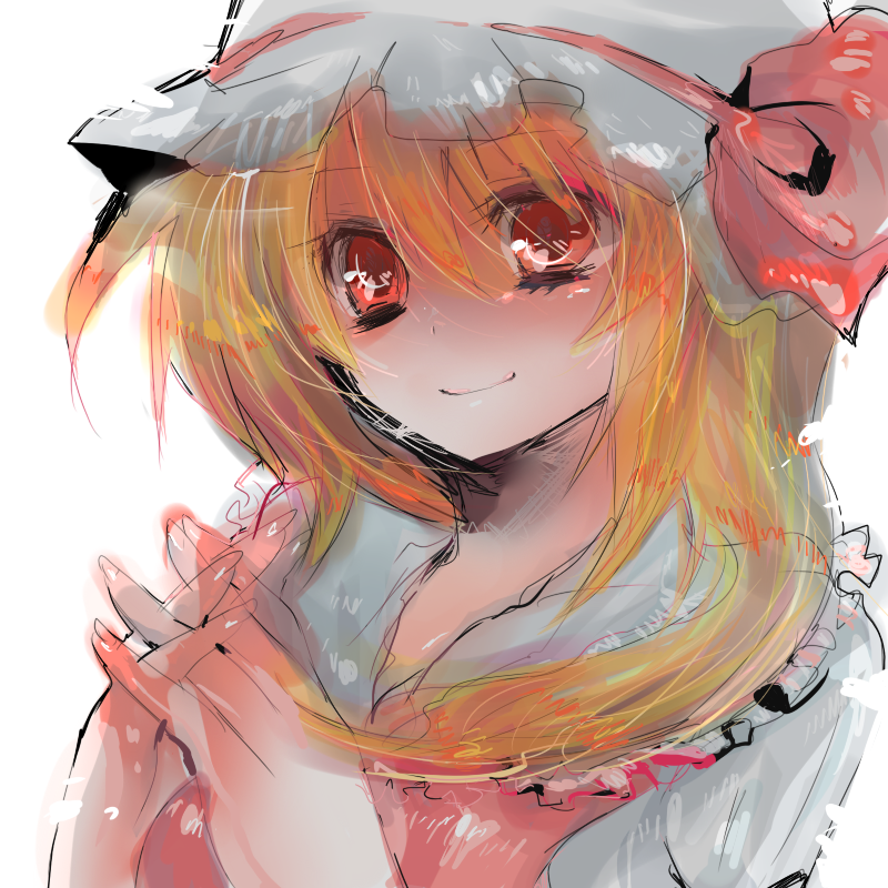 i chi, flandre scarlet, touhou, 1girl, blonde hair, female focus, hat, mob cap, red eyes, short hair, solo, white background
