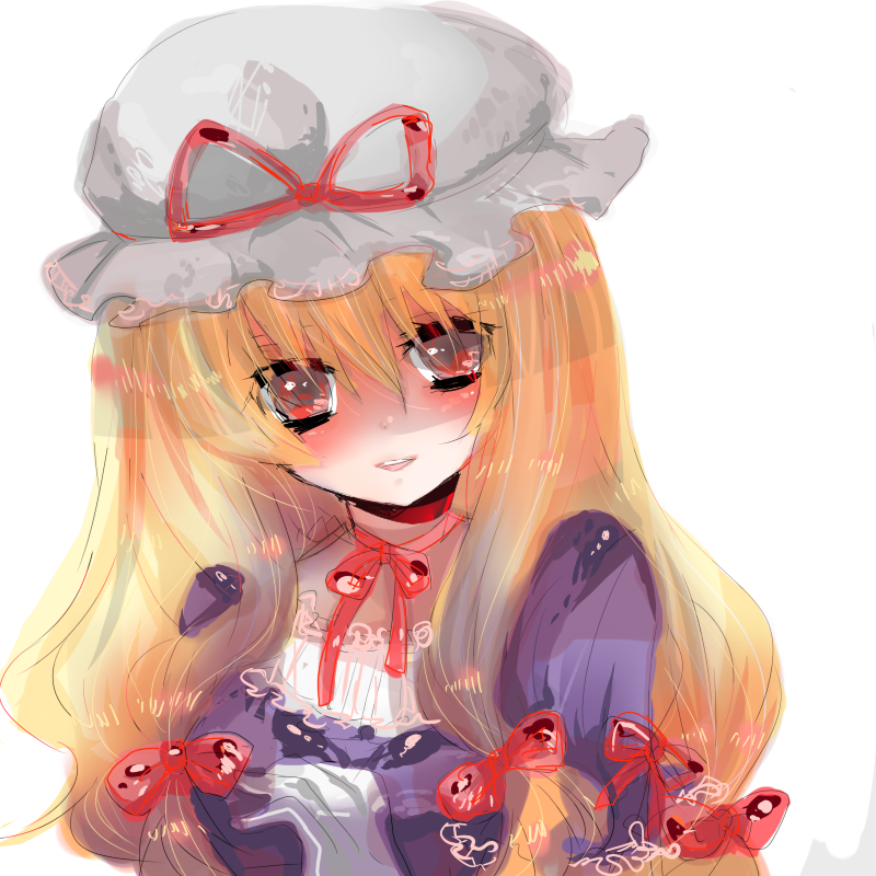 i chi, yakumo yukari, touhou, 1girl, blonde hair, female focus, hair ribbon, hat, ribbon, solo, upper body, white background
