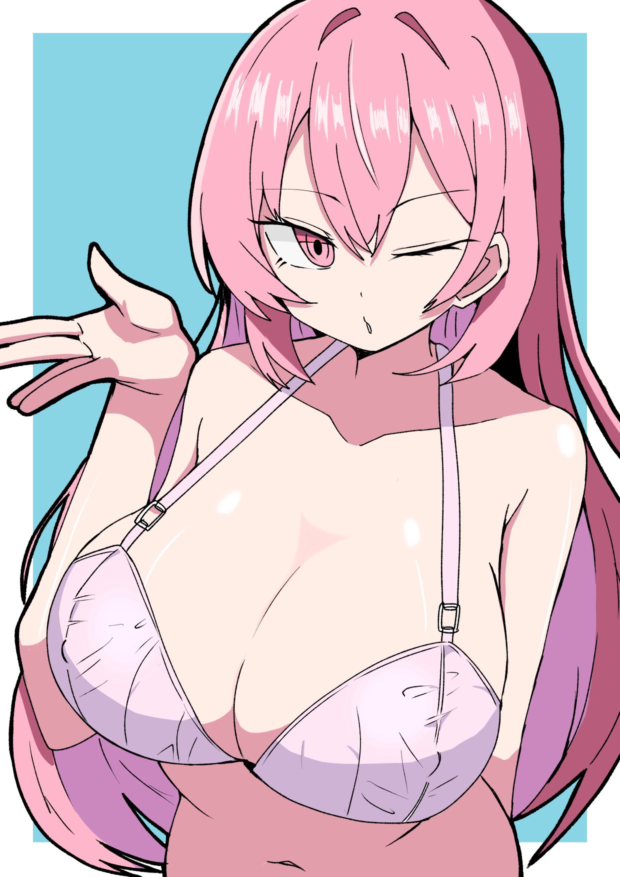 eduson02, mori calliope, hololive, hololive english, ;o, aqua background, bra, breasts, cleavage, collarbone, huge breasts, long hair, navel, one eye closed, pink bra, pink hair, red eyes, underwear, upper body
