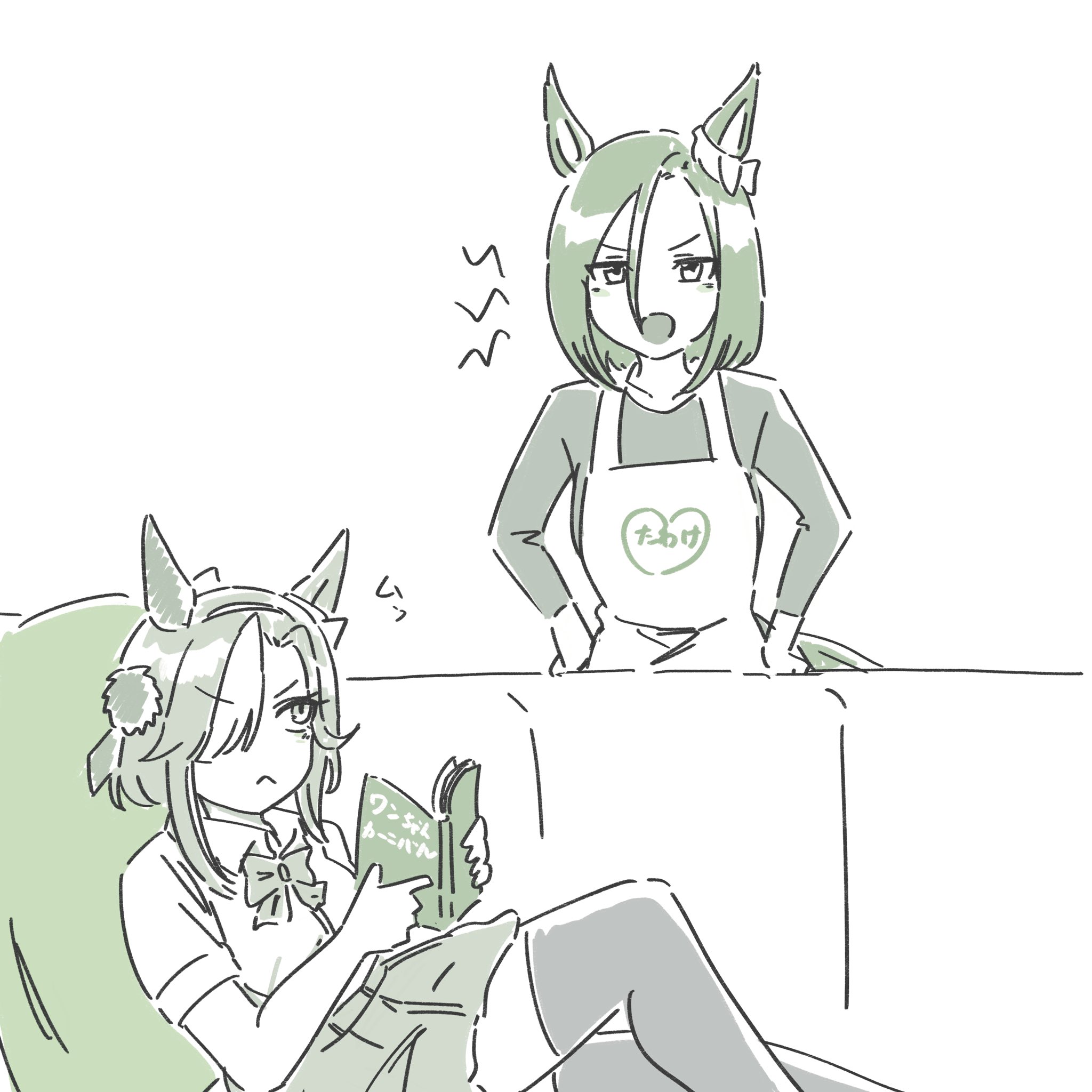 admire groove (umamusume), air groove (umamusume), umamusume, highres, translation request, 2girls, :<, animal ears, annoyed, apron, blush, breasts, casual, closed mouth, couch, hair between eyes, hair ornament, hairband, horse ears, itota (taikoubou), medium breasts, medium hair, multiple girls, pillow, reading, school uniform, sepia, thighhighs, white background
