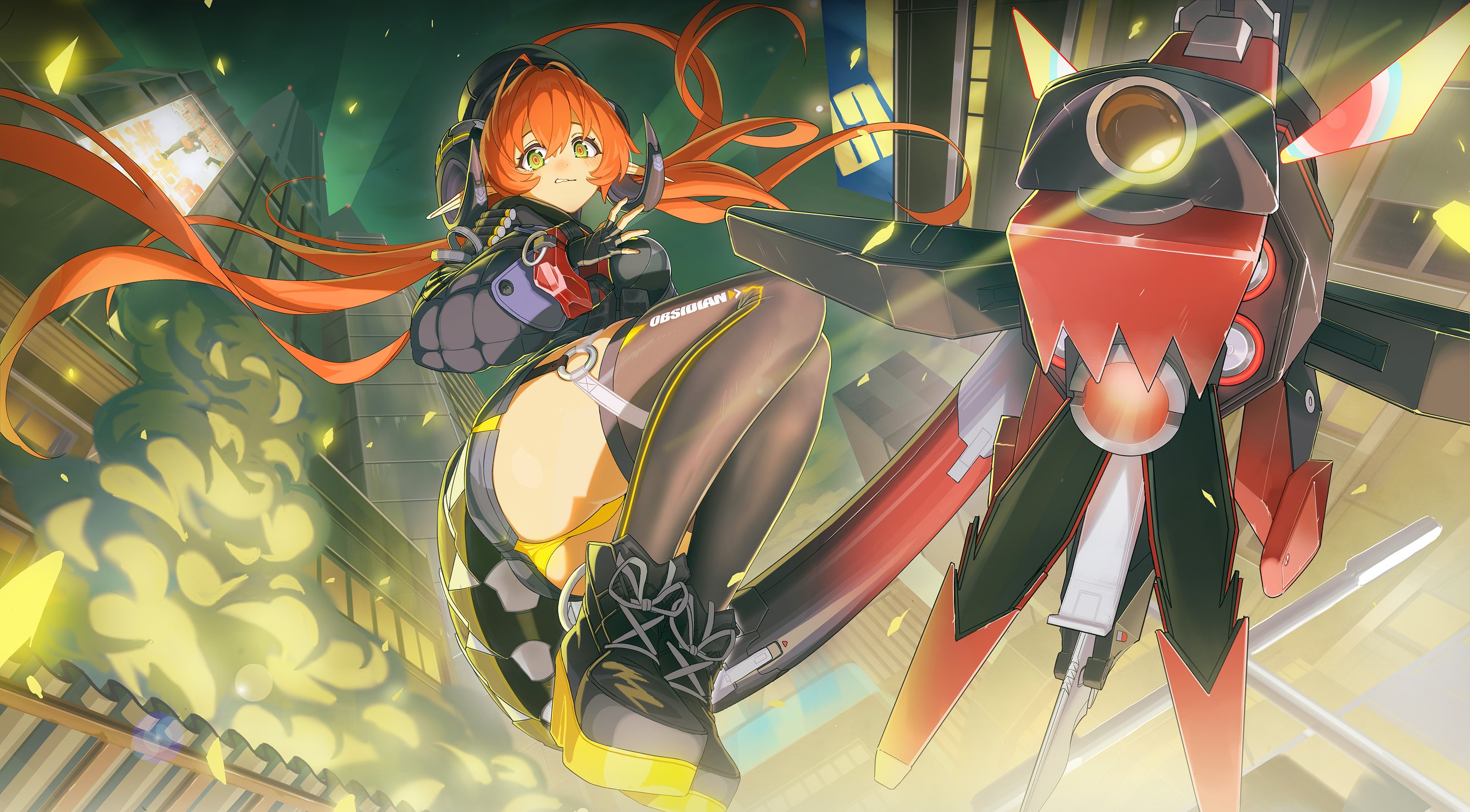 hz (helu 2), magus (zenless zone zero), orphie magnusson, zenless zone zero, absurdres, commentary, english commentary, highres, second-party source, 1girl, black boots, black gloves, black thighhighs, boots, fingerless gloves, gloves, green eyes, horns, long hair, long sleeves, mechanical horns, mechanical tail, orange eyes, orange pupils, outdoors, panties, parted lips, pointy ears, tail, thighhighs, underwear, yellow panties