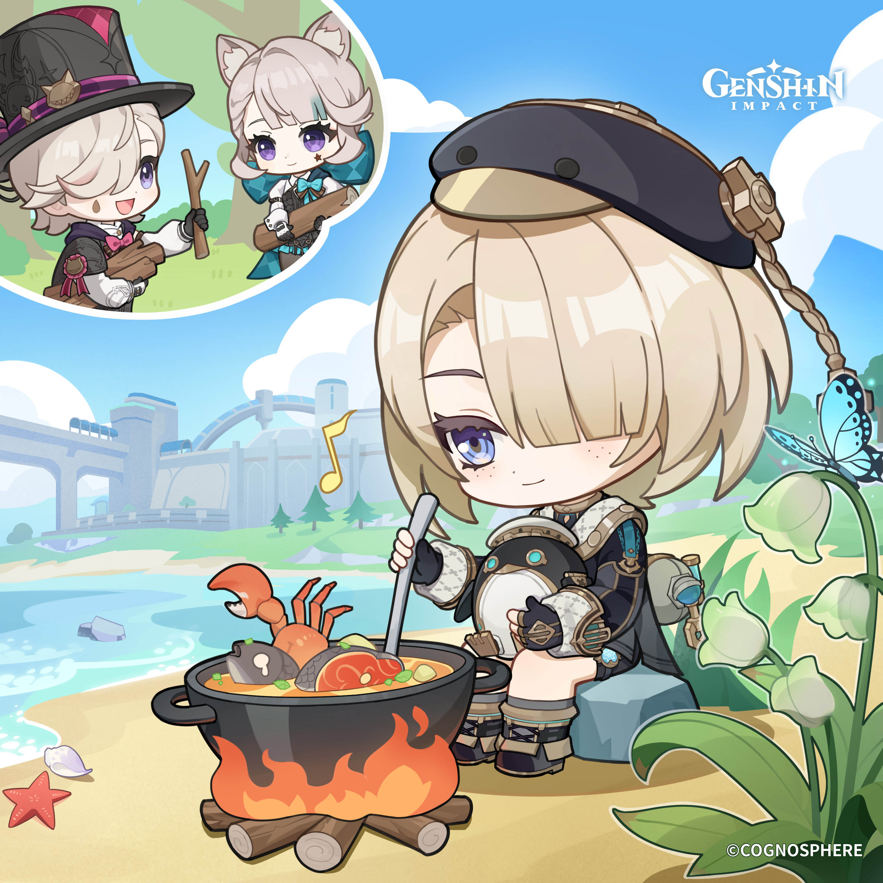 freminet (genshin impact), lynette (genshin impact), lyney (genshin impact), pers (genshin impact), genshin impact, absurdres, commentary, english commentary, highres, official art, 1girl, 2boys, animal ear fluff, animal ears, black boots, black hat, black shorts, blonde hair, blue sky, boots, brother and sister, brothers, bug, building, butterfly, chibi, closed mouth, copyright name, crab, day, dot nose, fingerless gloves, fire, fish, flower, food, freckles, gloves, hair over one eye, hat, holding, insect, long sleeves, multiple boys, musical note, non-humanoid robot, outdoors, puffy long sleeves, puffy sleeves, robot, robot animal, shell, short shorts, shorts, siblings, sitting, sky, starfish, top hat, tree, vision (genshin impact), water