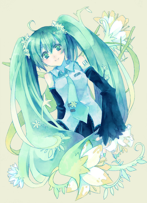 icc, hatsune miku, vocaloid, bad id, bad pixiv id, ahoge, aqua eyes, aqua hair, blush, detached sleeves, flower, green eyes, green hair, hair ornament, long hair, nail polish, necktie, simple background, smile, solo, twintails