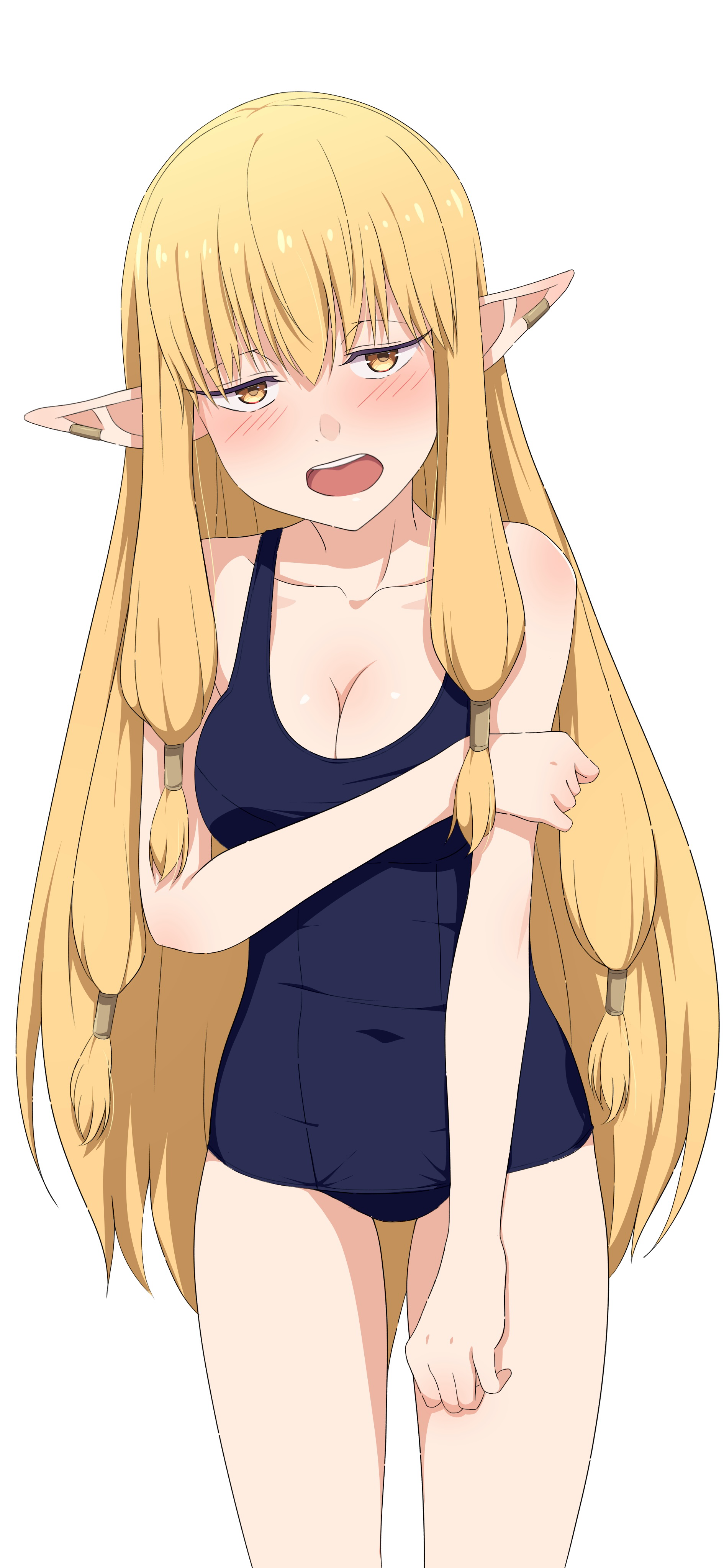 na-suke, serie (sousou no frieren), sousou no frieren, absurdres, commentary request, highres, 1girl, black one-piece swimsuit, blonde hair, breasts, cleavage, covered navel, cowboy shot, elf, long hair, looking at viewer, medium breasts, one-piece swimsuit, open mouth, pointy ears, simple background, solo, standing, swimsuit, teeth, thighs, tongue, upper teeth only, white background, yellow eyes