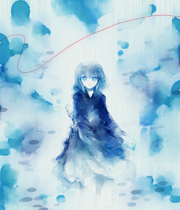 icc, rein (sound horizon), sound horizon, bad id, bad pixiv id, painting (medium), traditional media, watercolor (medium), 1girl, blue theme, female focus, monochrome, solo, standing, wide-eyed