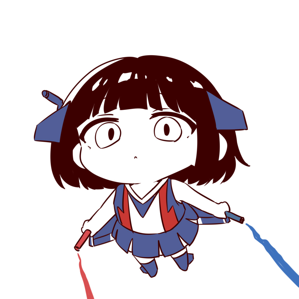 wucandan de gangtanke, original, 1girl, :<, black hair, blue skirt, chengdu j-10, colored smoke, flying, full body, holding, mecha musume, mechanical wings, personification, short hair, skirt, smoke, solo, vest, wings