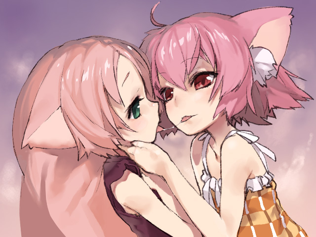 unaji, eroneko-san, shinonome sango, original, bad id, bad pixiv id, 2girls, ahoge, animal ears, blush, borrowed character, cat ears, green eyes, kiss, long hair, multiple girls, pink hair, red eyes, saliva, saliva trail, short hair, yuri