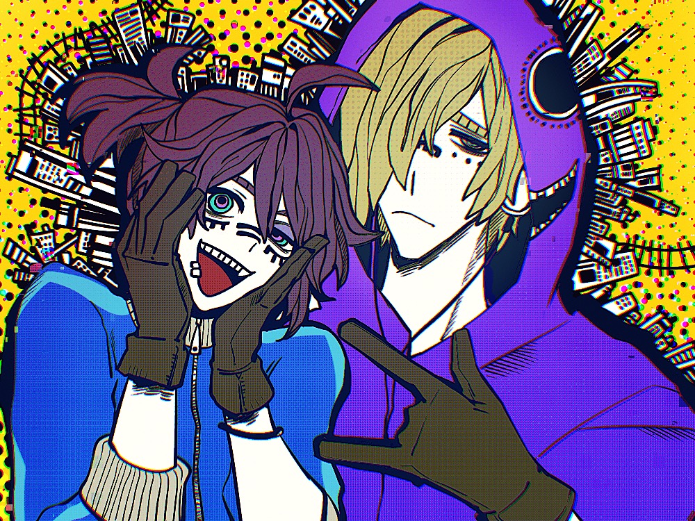 andrew kreiss, luca balsa, identity v, matryoshka (vocaloid), 2boys, :<, :d, m/, ahoge, alternate costume, blonde hair, blue track suit, brown gloves, brown hair, facial mark, fang, gloves, hair between eyes, hair over one eye, half-closed eye, hands on own face, hit-hit, hood, hood up, hoodie, male focus, multicolored eyes, multiple boys, open mouth, ponytail, purple hoodie, short ponytail, smile, track suit, uneven eyes