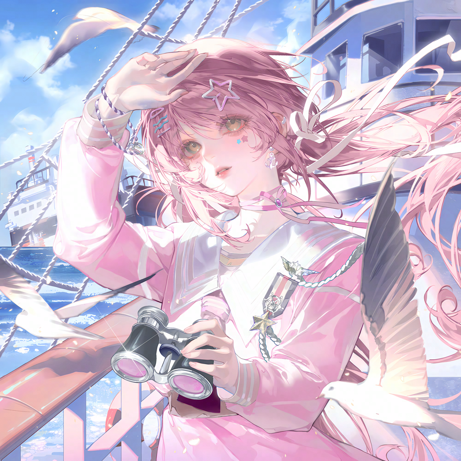 tai01, original, highres, 1girl, arm up, binoculars, bird, blue sky, boat, bracelet, camera, choker, cloud, day, facial mark, floating hair, green eyes, hair ornament, hair ribbon, hairclip, holding, holding camera, jewelry, long hair, long sleeves, looking at viewer, ocean, open mouth, outdoors, parted lips, pink choker, pink hair, pink shirt, ribbon, sailor collar, school uniform, seagull, ship, shirt, sky, solo, star (symbol), star hair ornament, star symbol, twintails, upper body, watercraft, white ribbon, wind