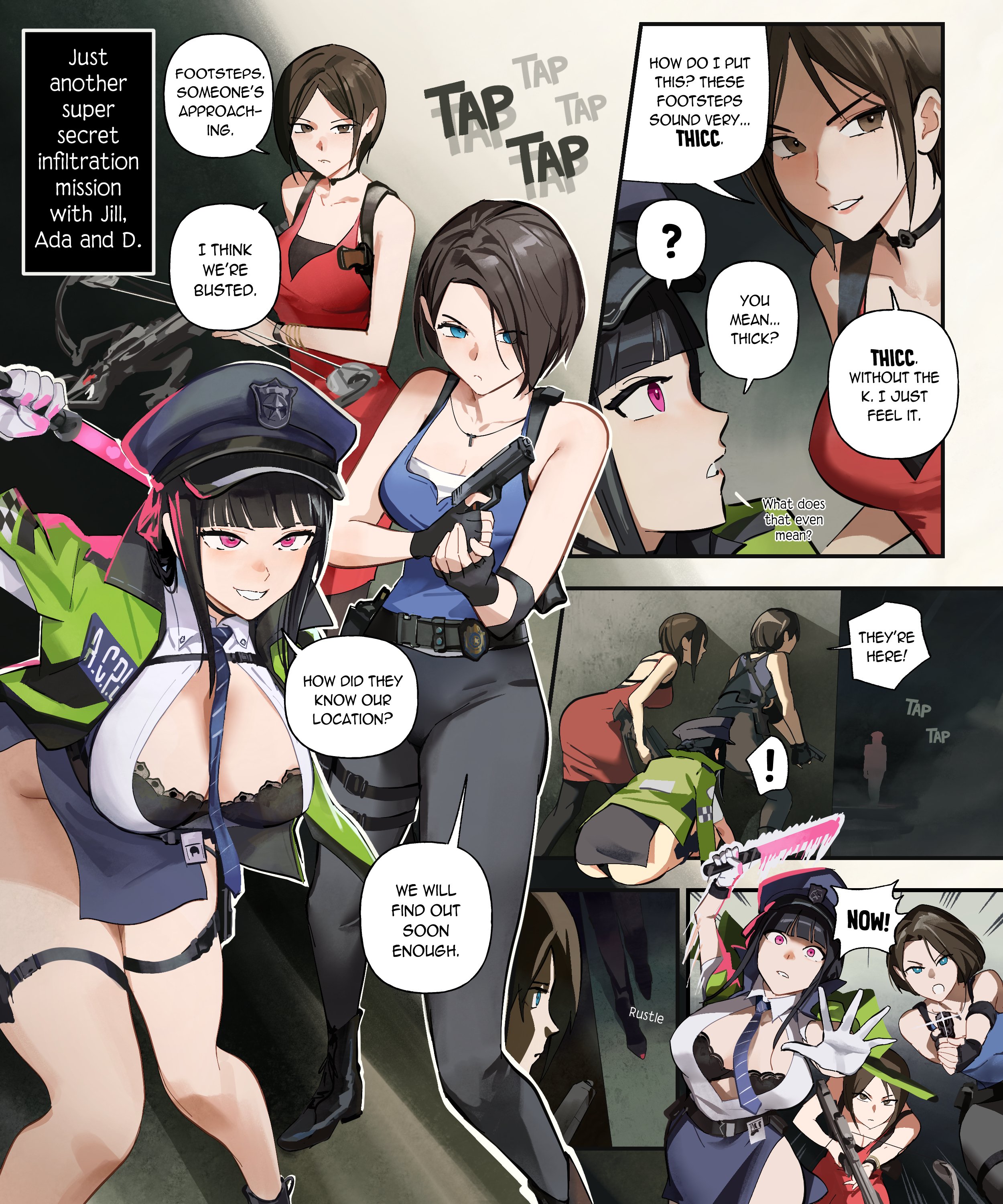 duc 94, ada wong, d (killer wife) (secret police) (nikke), jill valentine, leon s. kennedy, goddess of victory: nikke, resident evil, absurdres, commentary, english commentary, highres, 1boy, 3girls, aiming, baton (weapon), between breasts, black gloves, black hair, black pants, blue eyes, blue necktie, blue shirt, bow (weapon), breasts, brown eyes, crossbow, crossover, dress, english text, fingerless gloves, gloves, gun, handgun, hat, holding, holding baton, holding crossbow, holding gun, holding weapon, jacket, large breasts, leaning forward, long hair, long sleeves, medium hair, multiple girls, necktie, necktie between breasts, open clothes, open jacket, pants, police, police hat, police uniform, policewoman, red dress, red eyes, shirt, sidelocks, skirt, smile, standing, weapon, white gloves, yellow jacket