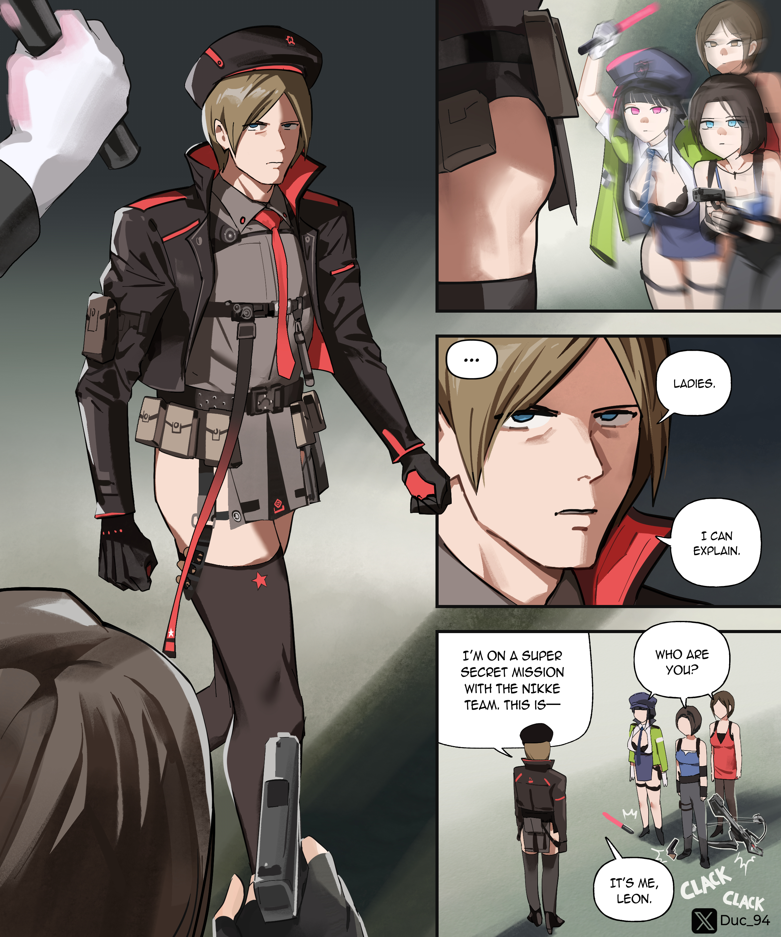 duc 94, ada wong, d (killer wife) (secret police) (nikke), jill valentine, leon s. kennedy, rapi (nikke), goddess of victory: nikke, resident evil, absurdres, commentary, english commentary, highres, 1boy, 3girls, ass, baton (weapon), beret, between breasts, black gloves, black hair, black hat, black jacket, black pants, black skirt, blue eyes, blue necktie, blue shirt, breasts, brown eyes, cosplay, crossdressing, crossdressing (mtf), crossover, dress, english text, faceless, faceless female, gloves, hat, holding baton, jacket, large breasts, long hair, long sleeves, medium hair, multiple girls, necktie, necktie between breasts, open clothes, open jacket, pants, police, police uniform, policewoman, rapi (nikke) (cosplay), red dress, red eyes, shirt, short hair, skirt, smile, standing, surprised, walking, weapon, white gloves