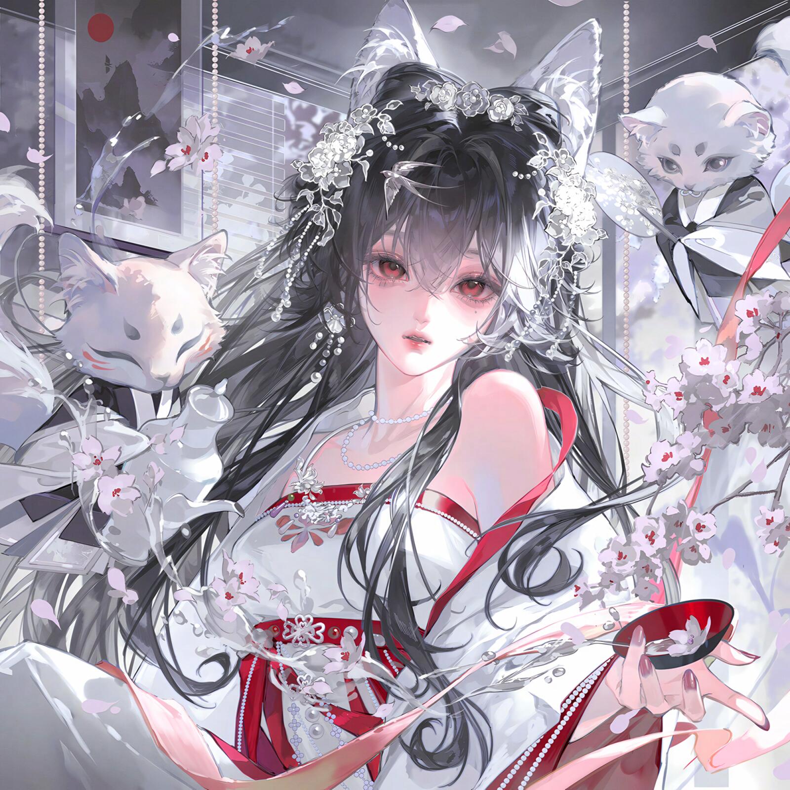 tai01, original, highres, large variant set, variant set, 1girl, animal ears, bare shoulders, beads, black hair, cup, dress, falling petals, flower, fox, hair flower, hair ornament, jewelry, long hair, looking at viewer, necklace, parted lips, pearl necklace, petals, red eyes, solo, upper body