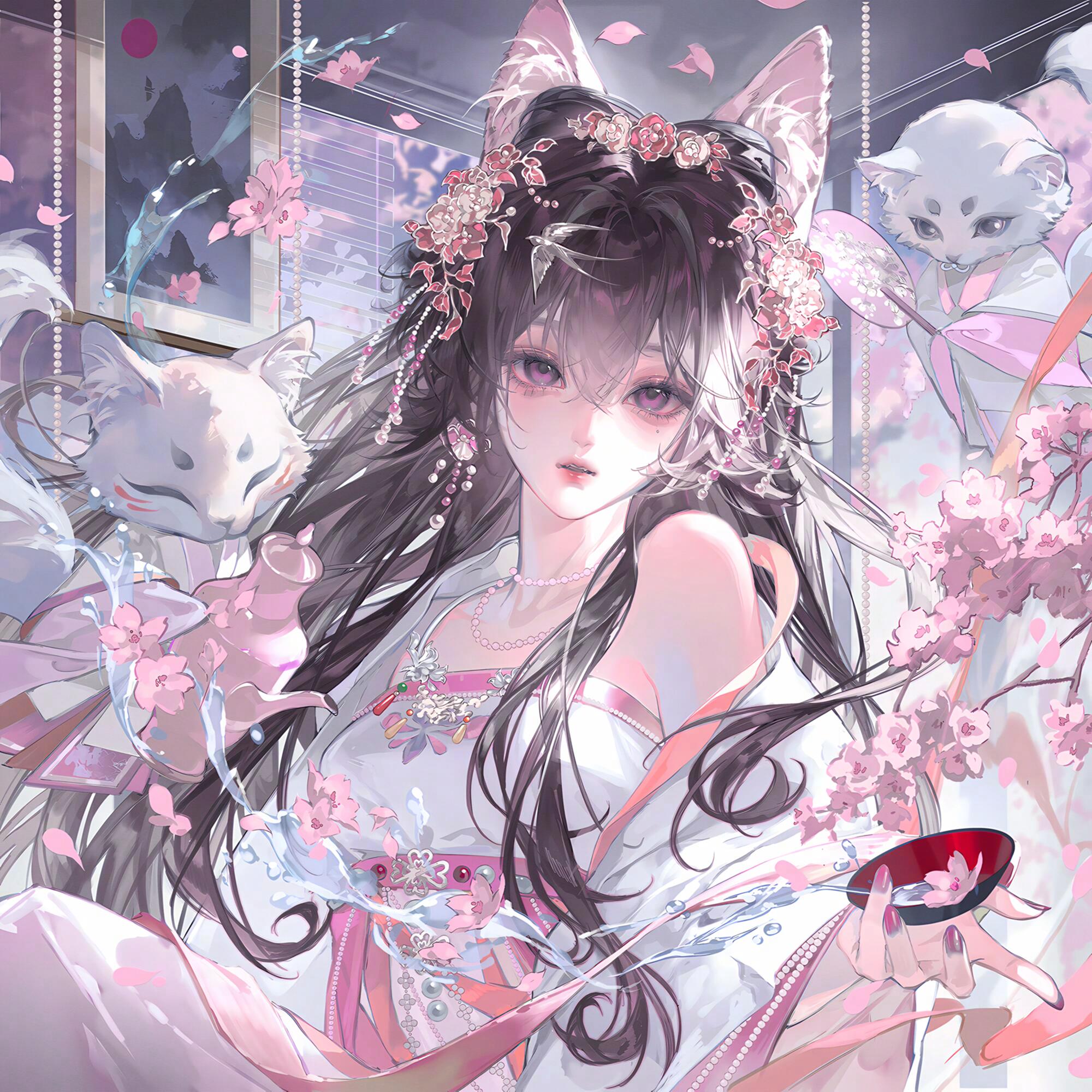 tai01, original, highres, large variant set, variant set, 1girl, animal ears, black hair, cup, dress, flower, fox, hair flower, hair ornament, jewelry, long hair, looking at viewer, necklace, parted lips, petals, pink eyes, solo, upper body, water