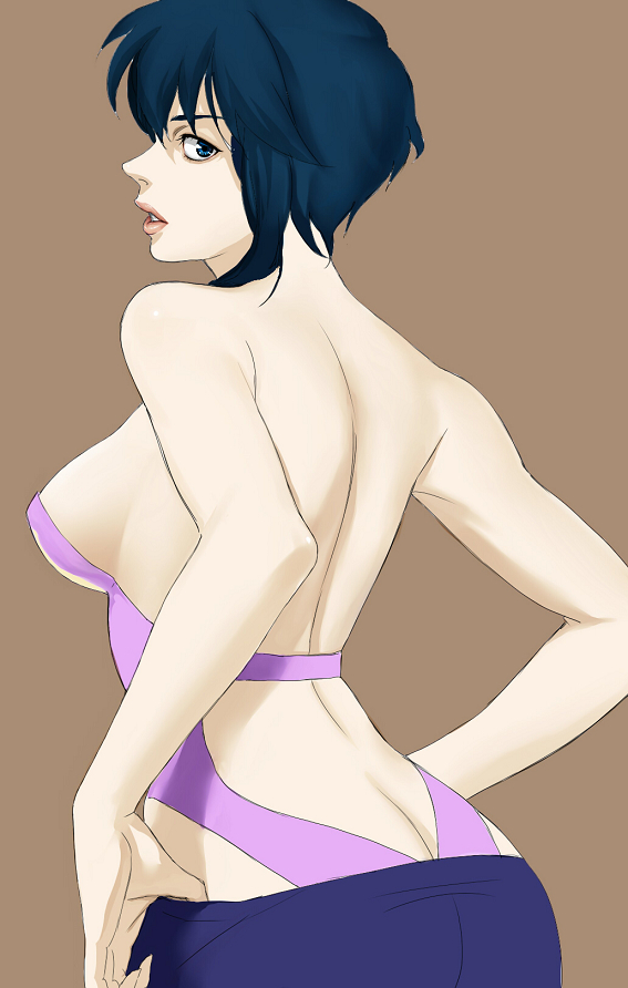 bora, kusanagi motoko, ghost in the shell, bad id, bad pixiv id, 1girl, ass, back, blue eyes, blue hair, breasts, brown background, female focus, large breasts, matching hair/eyes, short hair, sideboob, solo, undressing