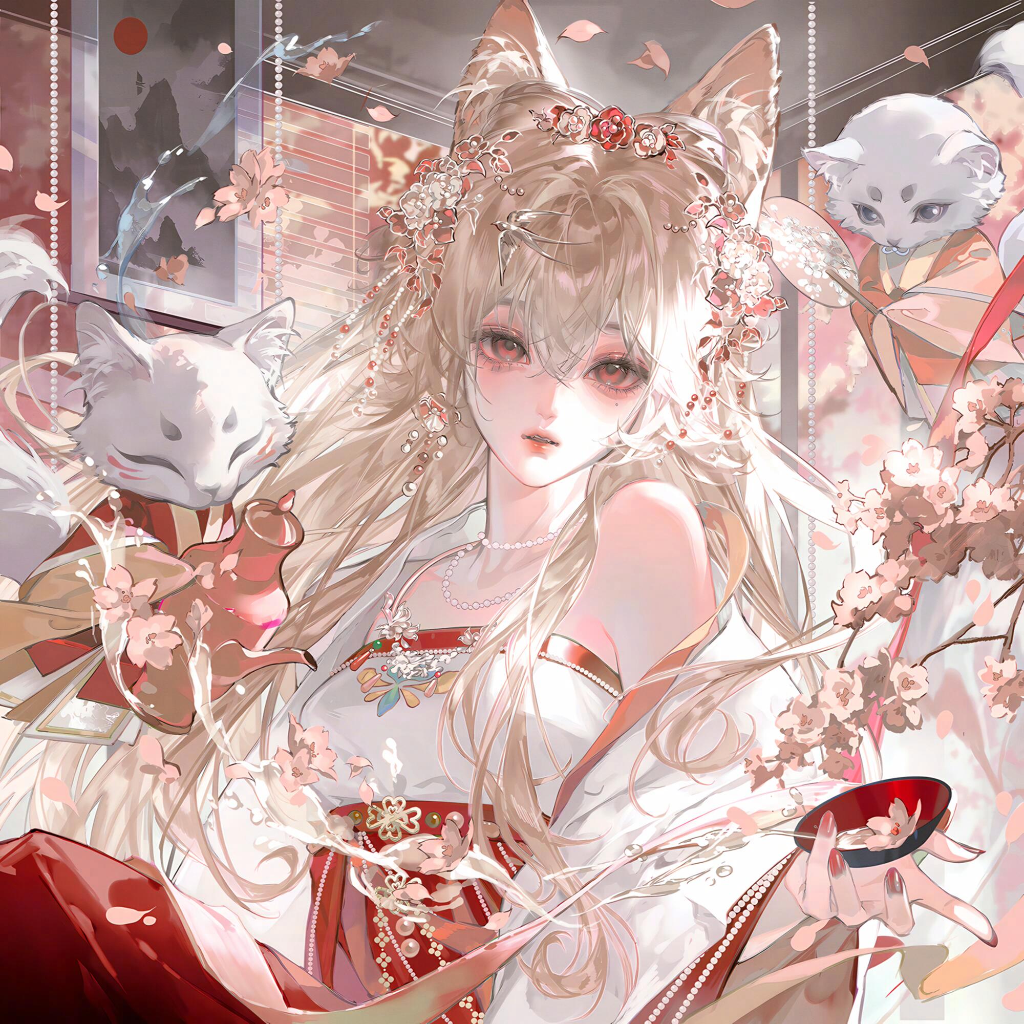 tai01, original, highres, large variant set, variant set, 1girl, animal ears, blonde hair, cup, flower, fox, hair flower, hair ornament, holding, jewelry, long hair, looking at viewer, necklace, parted lips, petals, solo, upper body