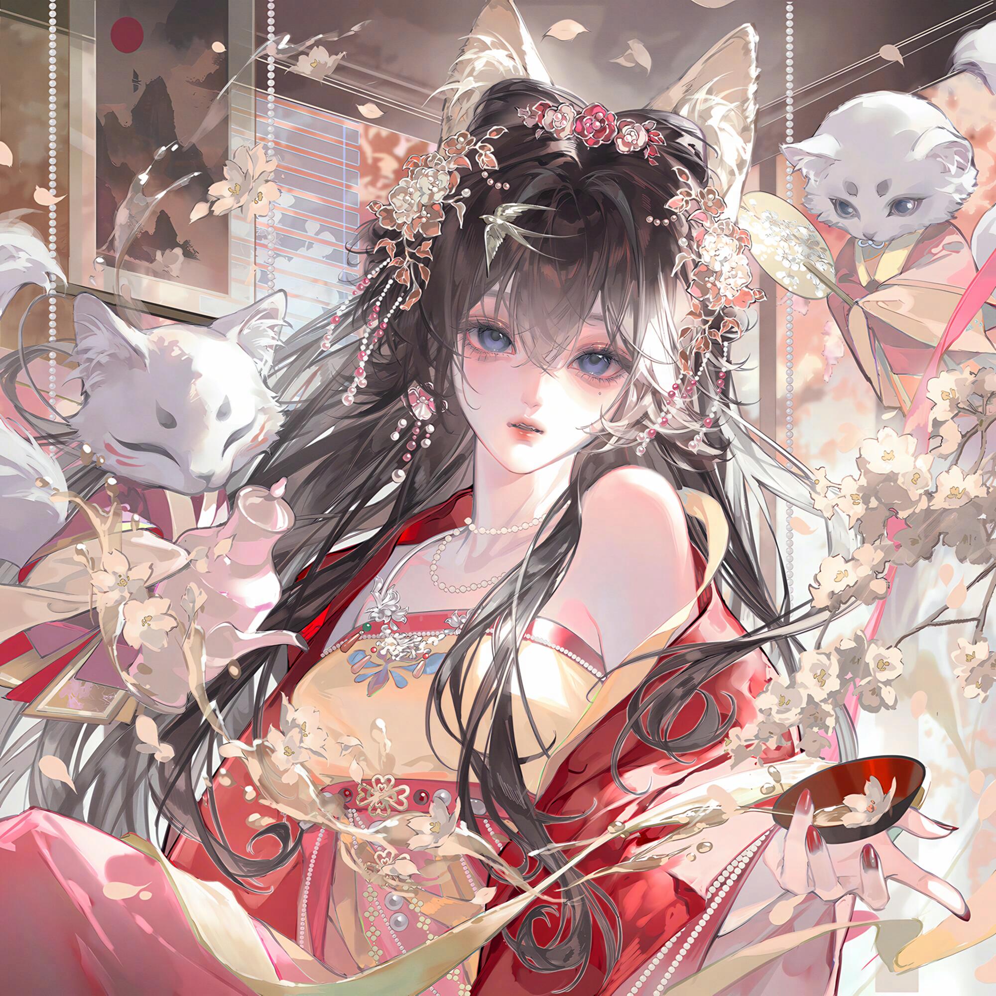 tai01, original, highres, large variant set, variant set, 1girl, animal, animal ears, bare shoulders, beads, black hair, blue eyes, chinese clothes, cup, flower, fox, hair between eyes, hair flower, hair ornament, holding, jewelry, long hair, looking at viewer, necklace, parted lips, pearl necklace, petals, solo, upper body