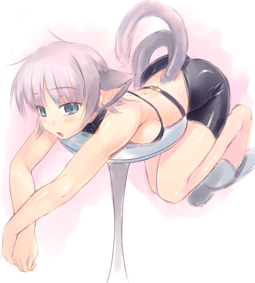 amei sumeru, original, silver hair, 1girl, animal ears, belt, bike shorts, blue eyes, blush, breast press, breasts, cat ears, cat tail, female focus, medium breasts, open mouth, short hair, sideboob, slippers, solo, tail, twintails