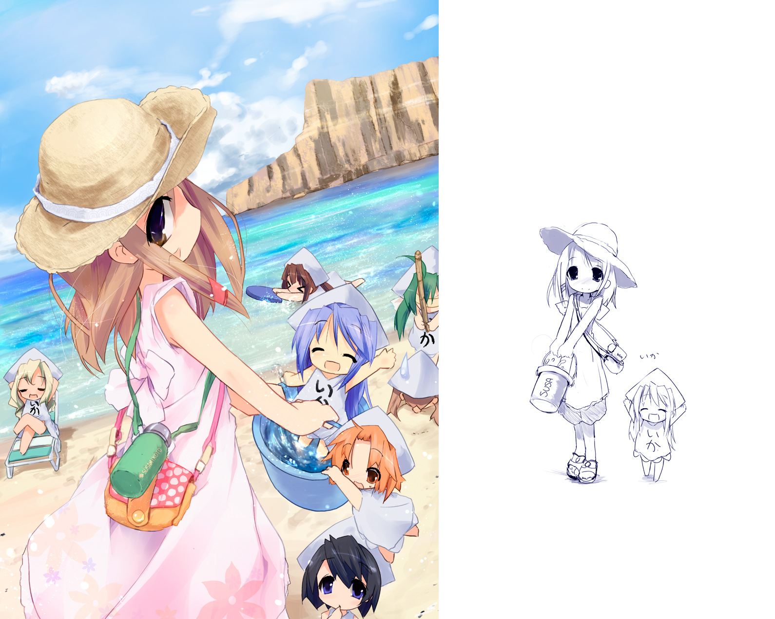 kuroba u, original, highres, > <, 6+girls, beach, brown hair, closed eyes, day, hat, multiple girls, ocean
