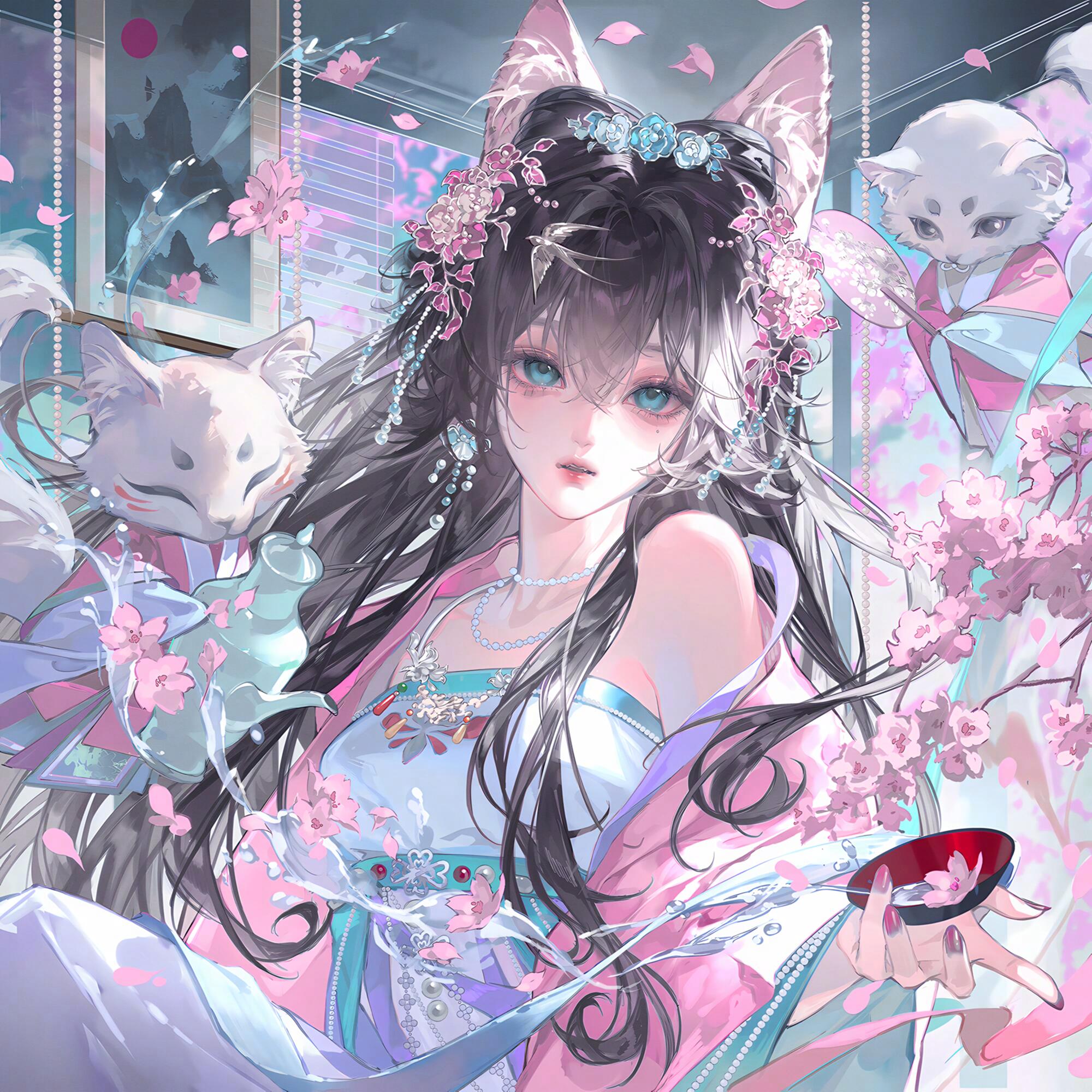 tai01, original, highres, large variant set, variant set, 1girl, animal ears, black hair, cup, dress, falling petals, flower, fox, hair flower, hair ornament, holding, jewelry, long hair, looking at viewer, necklace, parted lips, petals, solo, upper body