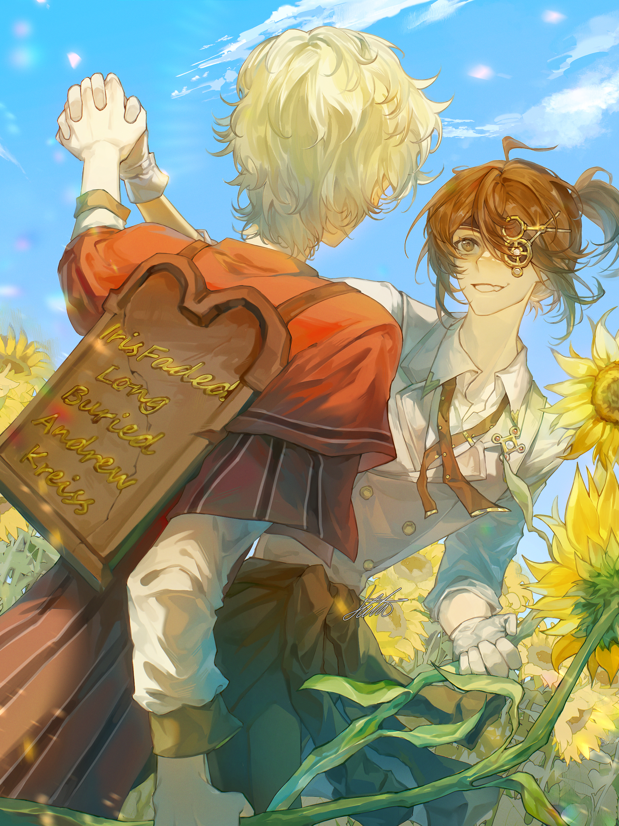 andrew kreiss, andrew kreiss (epitaph), luca balsa, luca balsa (graduation day), identity v, absurdres, highres, 2boys, blonde hair, blue sky, brown hair, capelet, facing away, fang, field, floating hair, flower, flower field, gloves, grey eyes, hair between eyes, hit-hit, holding, holding flower, holding hands, looking at another, male focus, multiple boys, official alternate costume, red capelet, shirt, sky, sleeves rolled up, striped clothes, sunflower, sunflower field, tombstone, untied ribbon, white gloves, white shirt