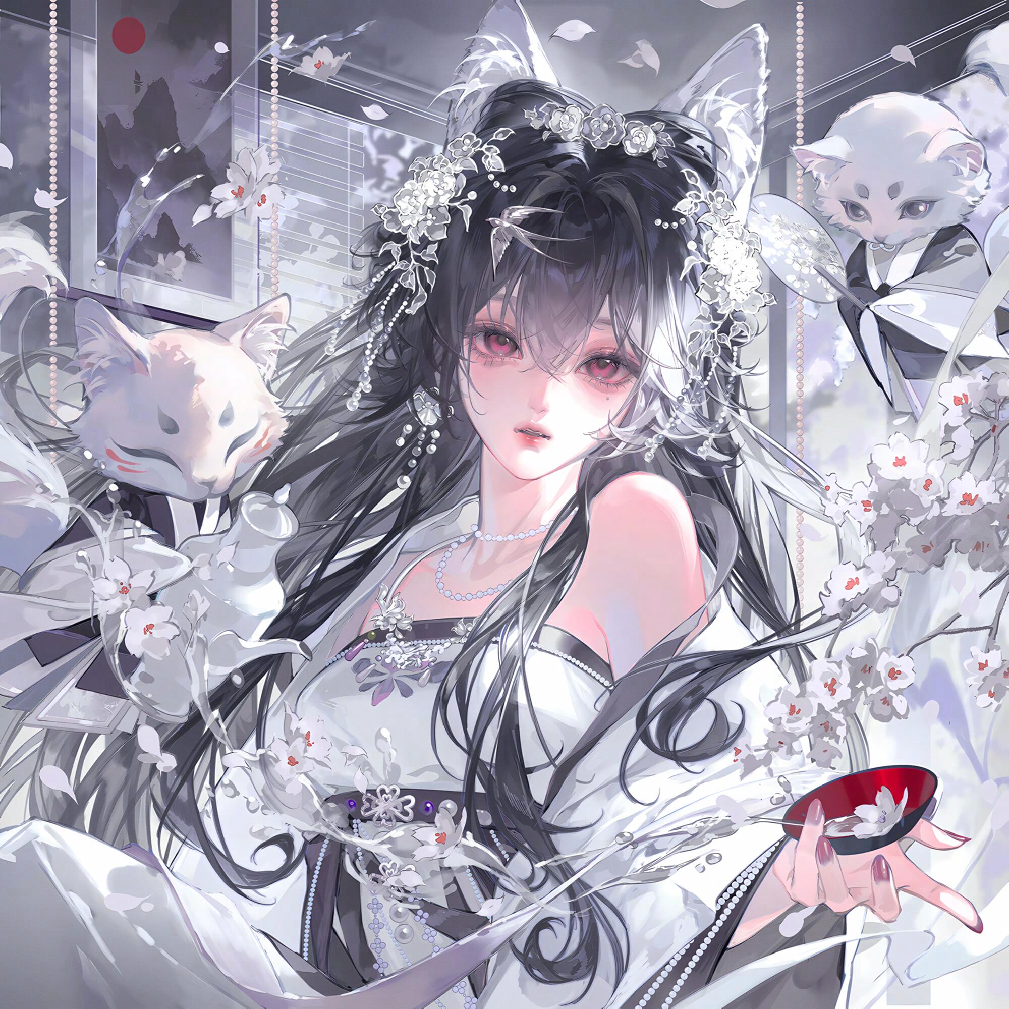 tai01, original, highres, large variant set, variant set, 1girl, animal ears, bare shoulders, beads, black hair, cup, flower, fox, hair between eyes, hair flower, hair ornament, holding, jewelry, long hair, looking at viewer, nail polish, necklace, parted lips, petals, pink eyes, sakazuki, solo, upper body, white flower