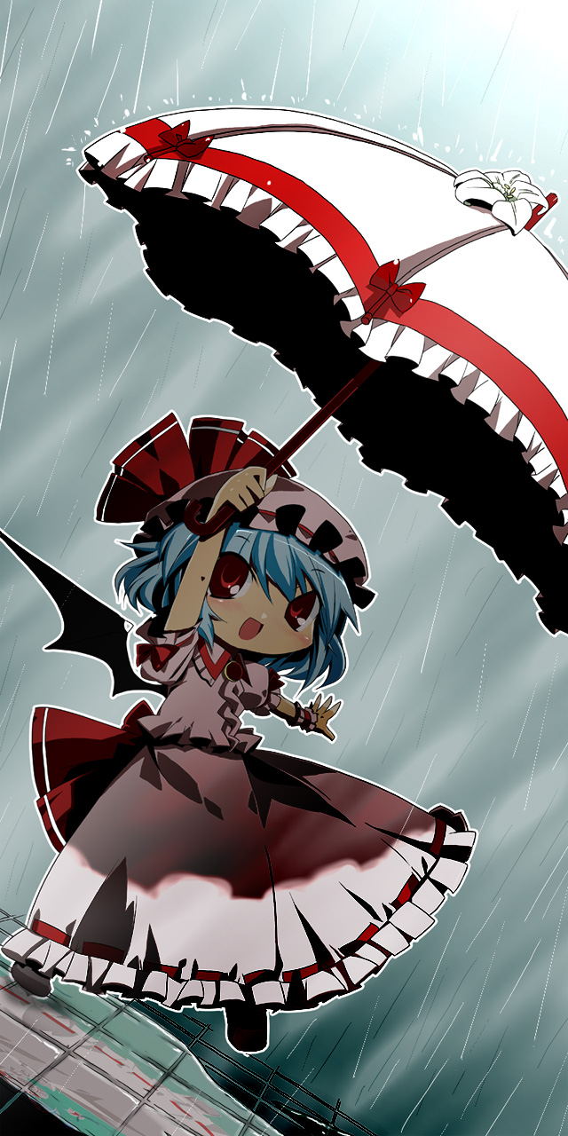 kawachi yamato, kawauchi yamato, remilia scarlet, touhou, highres, 1girl, blue hair, chibi, dutch angle, female focus, hat, outdoors, rain, ribbon, short hair, skirt, solo, umbrella, wings