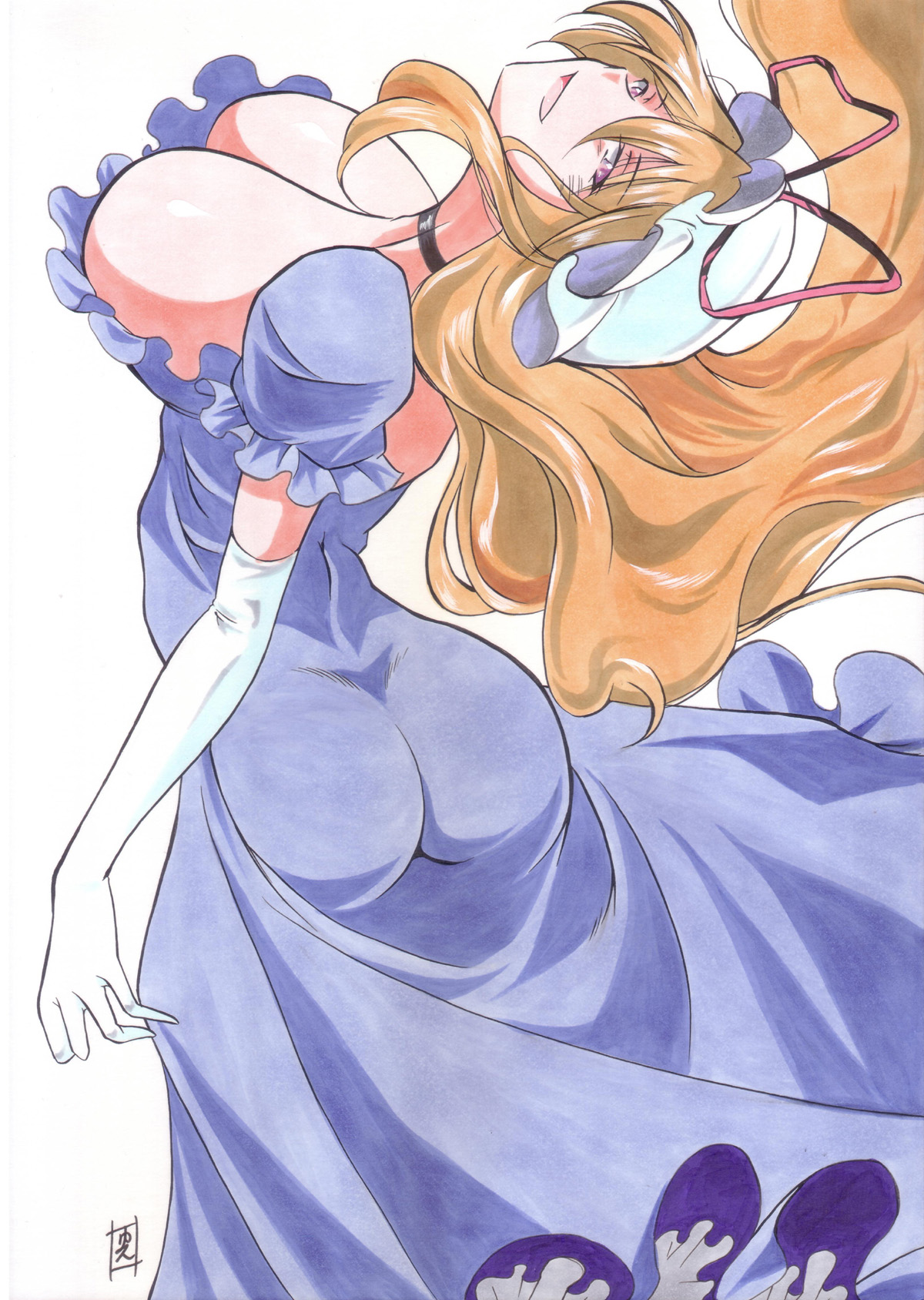 angeldust, yakumo yukari, comiket 104, touhou, highres, traditional media, 1girl, ass, black choker, blonde hair, blue dress, breasts, choker, cleavage, dress, elbow gloves, frilled dress, frilled sleeves, frills, gloves, hat, hat ribbon, head tilt, large breasts, long hair, looking at viewer, looking back, mob cap, open mouth, pink eyes, pink ribbon, ribbon, short sleeves, sideboob, solo, very long hair, white gloves, white hat