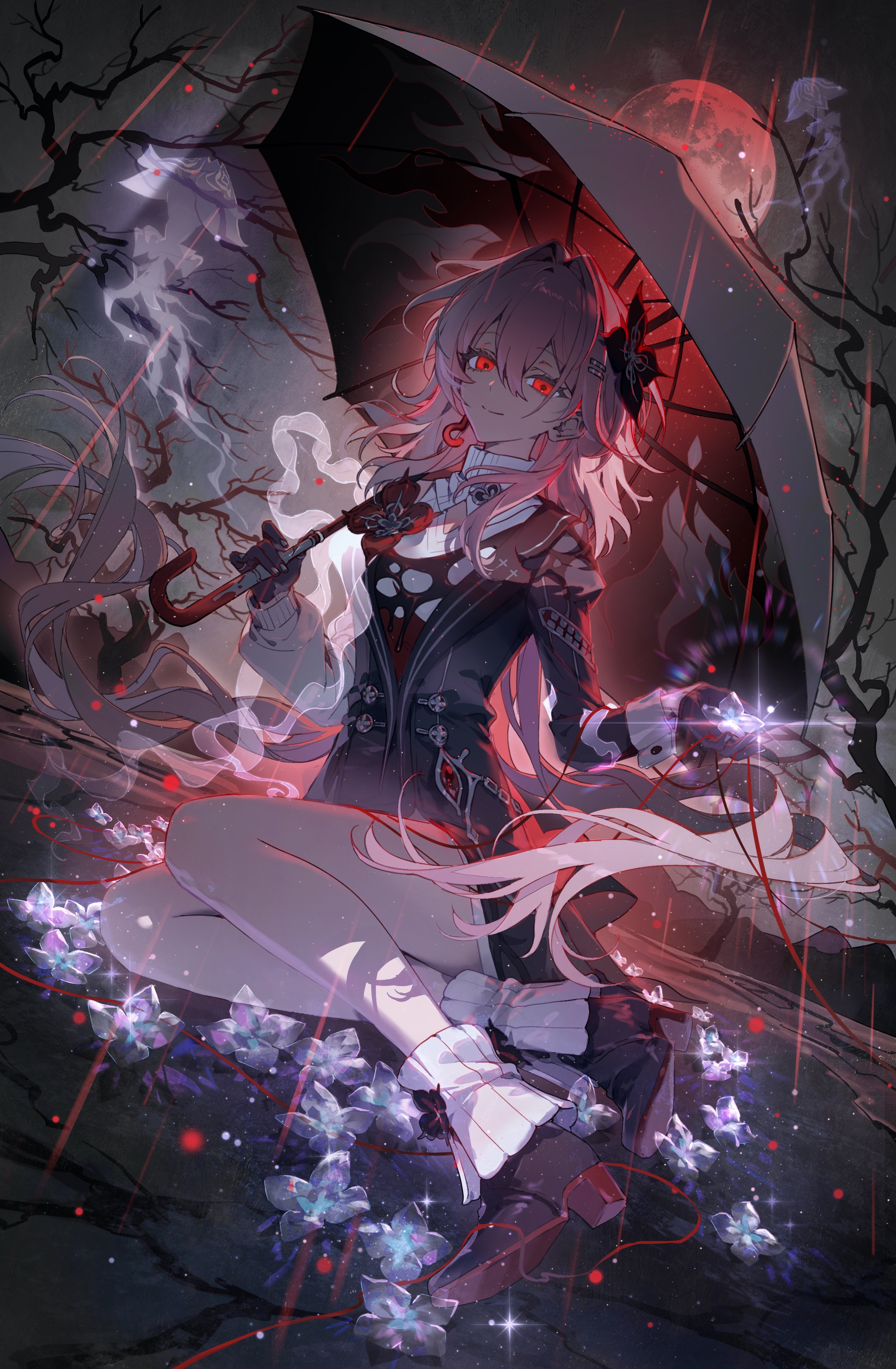 snowcake47, evernight (honkai: star rail), march 7th (honkai: star rail), honkai: star rail, honkai (series), absurdres, highres, 1girl, black boots, black dress, black gloves, black umbrella, boots, closed mouth, dress, full body, gloves, hair between eyes, holding, holding umbrella, long hair, long sleeves, looking at viewer, official alternate costume, official alternate eye color, official alternate hair length, official alternate hairstyle, outdoors, pink hair, red eyes, sitting, smile, umbrella, yokozuwari