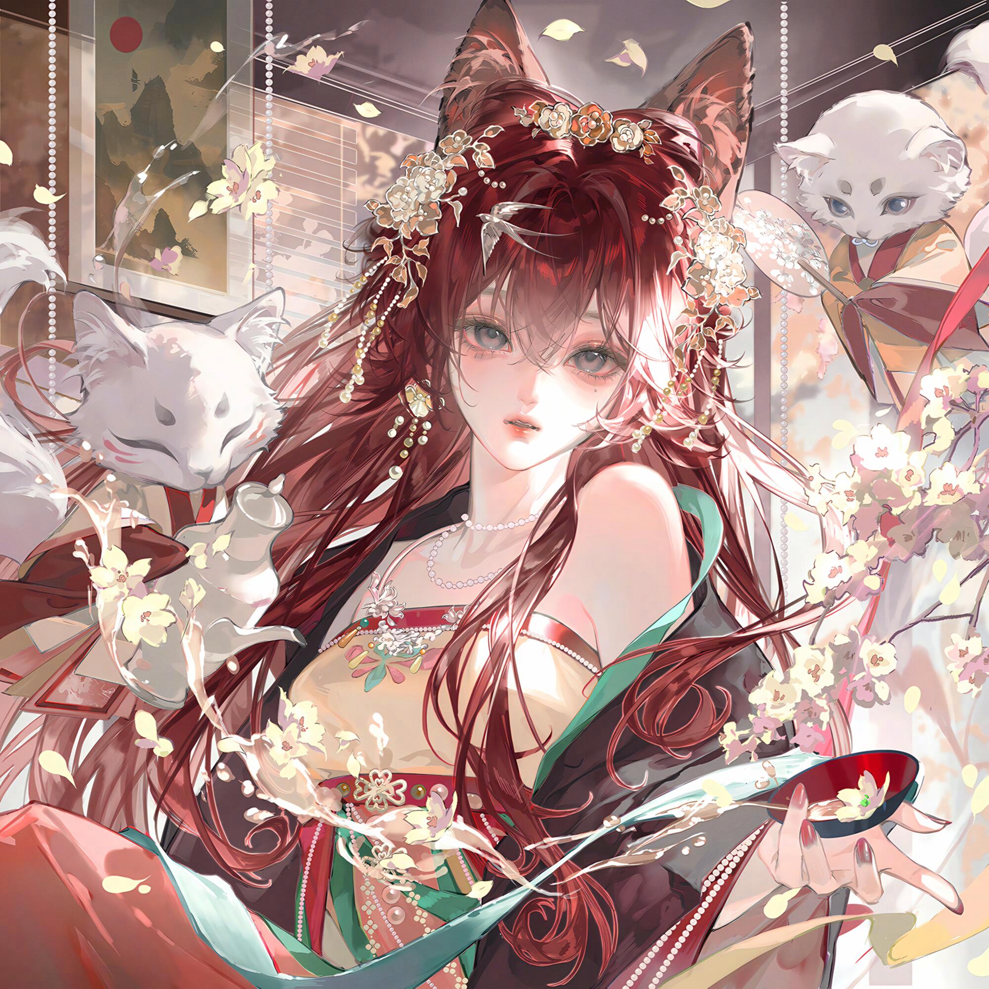 tai01, original, highres, large variant set, variant set, 1girl, animal, animal ears, bare shoulders, beads, chinese clothes, cup, flower, fox, hair between eyes, hair flower, hair ornament, hanfu, holding, jewelry, long hair, long sleeves, looking at viewer, necklace, off shoulder, parted lips, petals, red hair, solo, upper body