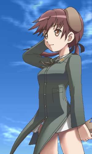 awa, gertrud barkhorn, strike witches, world witches series, lowres, 00s, 1girl, animal ears, blue sky, brown eyes, brown hair, cowboy shot, day, dog ears, female focus, jaggy lines, long hair, long sleeves, military, military uniform, oekaki, shorts, sky, solo, tail, twintails
