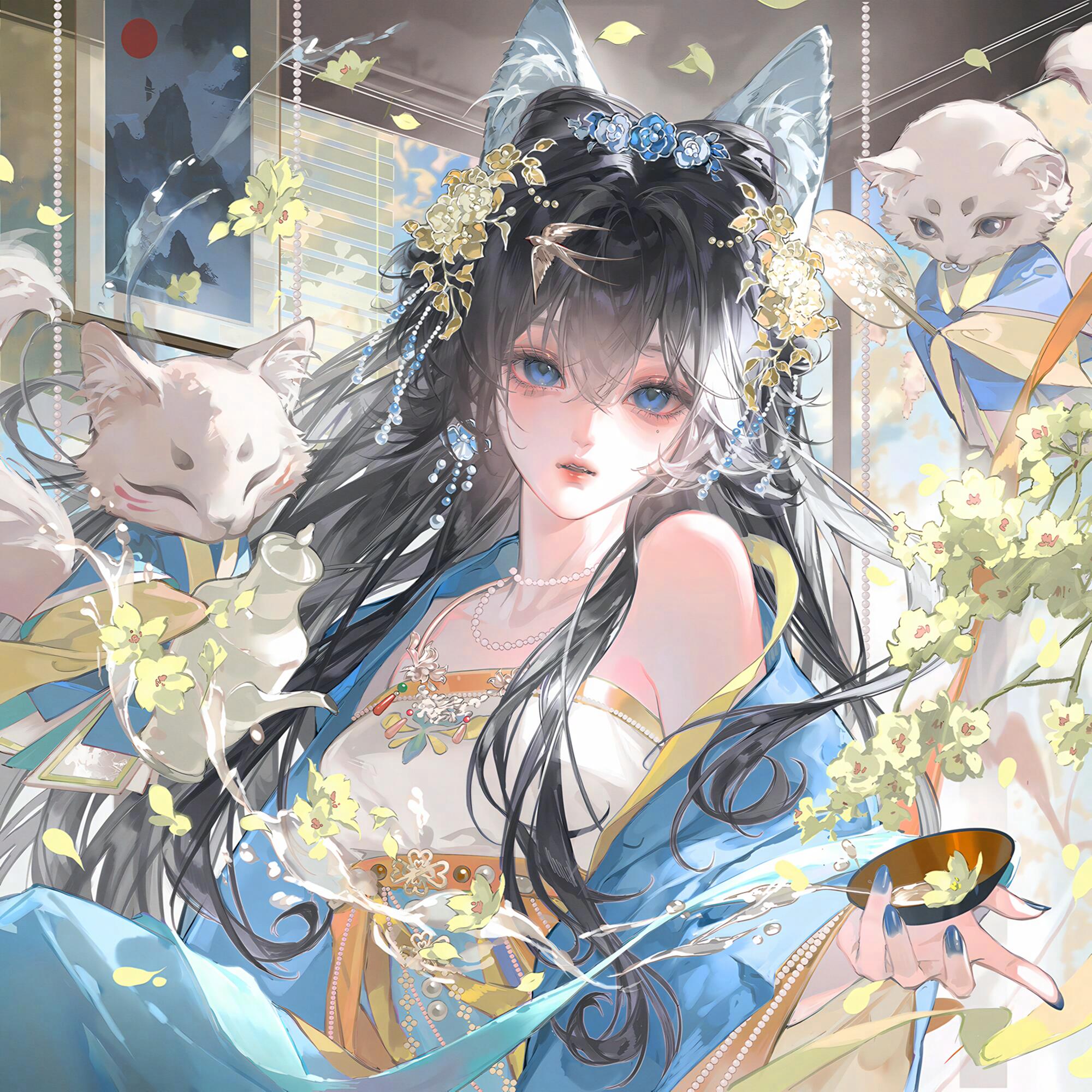 tai01, original, highres, large variant set, variant set, 1girl, animal ears, bare shoulders, beads, black hair, blue eyes, chinese clothes, cup, dress, flower, hair between eyes, hair flower, hair ornament, hanfu, holding, jewelry, long hair, looking at viewer, necklace, parted lips, petals, solo, upper body