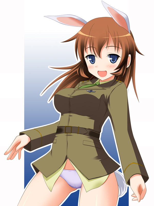 hyokkori tamago, charlotte e. yeager, strike witches, world witches series, 00s, 1girl, animal ears, blue eyes, female focus, military, military uniform, orange hair, panties, rabbit ears, rabbit girl, solo, underwear