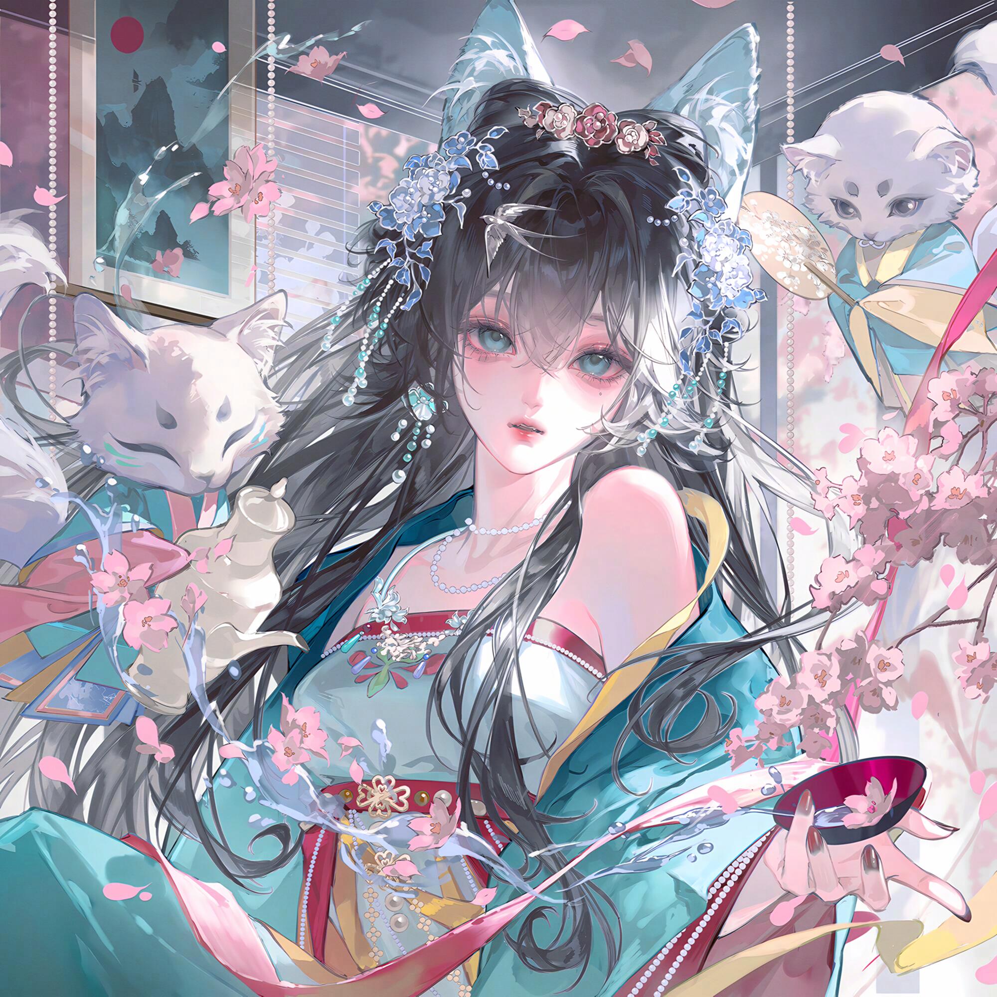 tai01, original, highres, large variant set, variant set, 1girl, animal ears, bare shoulders, bead necklace, beads, black hair, chinese clothes, cup, flower, hair between eyes, hair flower, hair ornament, hanfu, holding, jewelry, long hair, long sleeves, looking at viewer, necklace, parted lips, petals, pink flower, solo, upper body