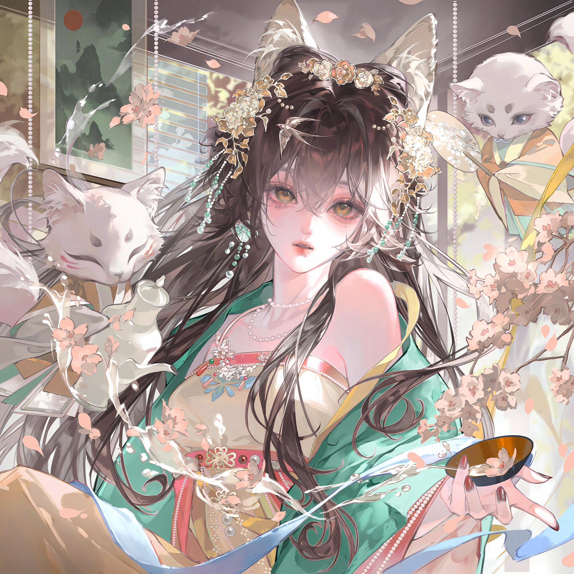 tai01, original, highres, large variant set, variant set, 1girl, animal, animal ears, bare shoulders, black hair, brown hair, chinese clothes, cup, falling petals, flower, fox, hair between eyes, hair flower, hair ornament, hanfu, holding, jewelry, long hair, long sleeves, looking at viewer, necklace, parted lips, petals, solo, upper body
