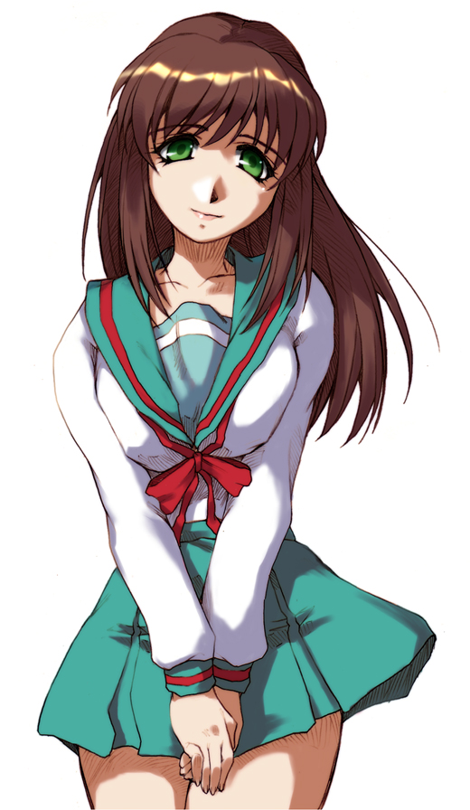 hisahiko, setsuko ohara, banpresto, super robot wars, super robot wars z, super robot wars z1, brown hair, cowboy shot, green eyes, long hair, own hands together, school uniform, serafuku, simple background, solo, white background