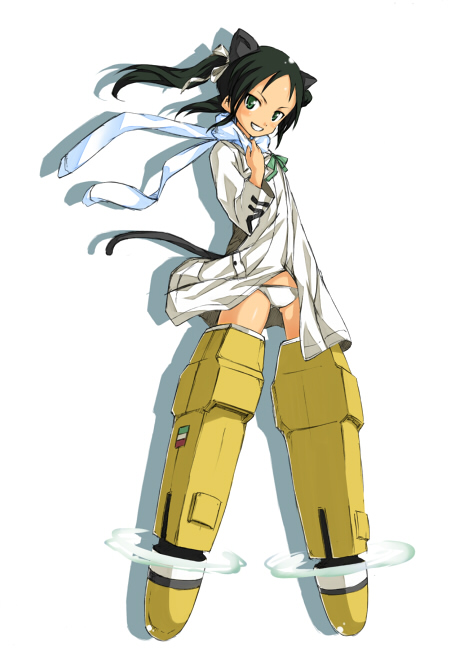 hamao, francesca lucchini, strike witches, world witches series, 00s, 1girl, animal ears, black hair, coat, female focus, green eyes, panties, scarf, solo, striker unit, tail, twintails, underwear