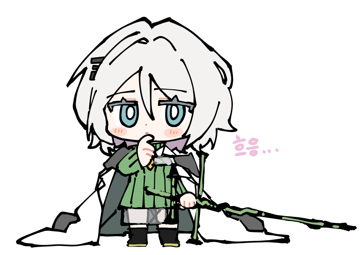 pinch (nesume), faust (project moon), kal'tsit (arknights), arknights, limbus company, project moon, 1girl, blue eyes, command:meltdown (e.g.o), crossover, e.g.o (project moon), sword, turtleneck, weapon, white background, white hair