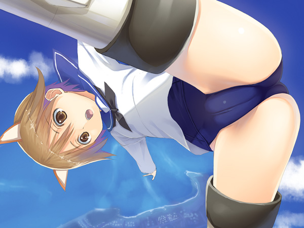 hisagi hotaru, miyafuji yoshika, strike witches, world witches series, light brown hair, bad id, bad pixiv id, 00s, 1girl, animal ears, cameltoe, female focus, flying, loli, one-piece swimsuit, open mouth, school swimsuit, school uniform, serafuku, solo, spread legs, striker unit, swimsuit, upside-down
