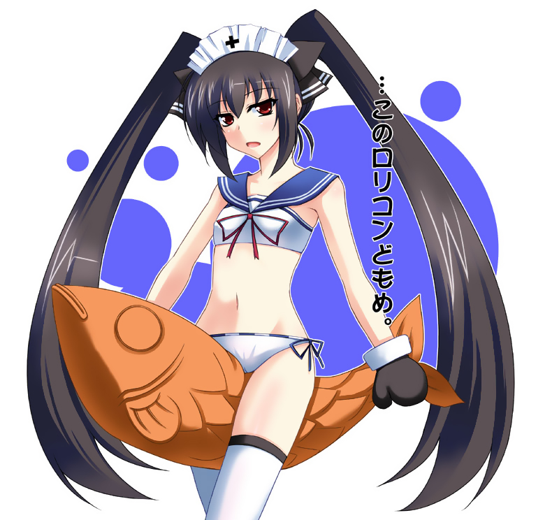 kooh (pangya), pangya, translated, between thighs, bikini, black hair, blush, crop top, fish, food, kono lolicon domome, long hair, midriff, red eyes, ribbon, riding, side-tie bikini bottom, socks, solo, swimsuit, taiyaki, thighhighs, thighs, twintails, very long hair, wagashi, white bikini