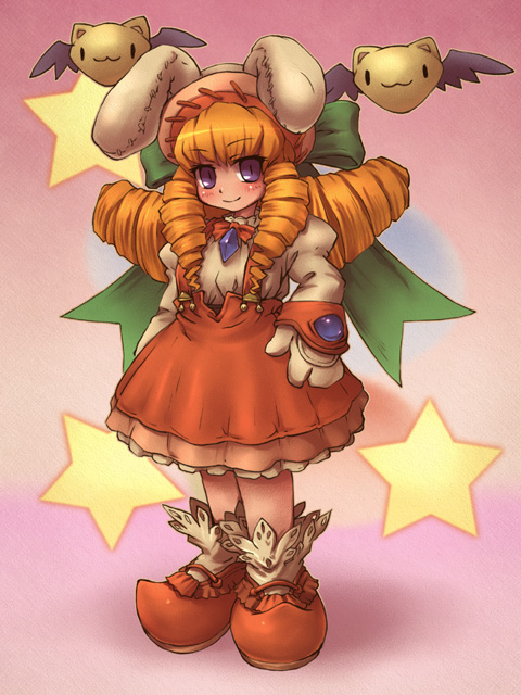 sankuma, fancy mel, dewprism, 1girl, animal ears, blonde hair, brooch, dress, female focus, full body, gem, gloves, jewelry, long hair, looking at viewer, pink background, purple eyes, rabbit ears, red dress, red gloves, sidelocks, simple background, solo, standing, very long hair, wings