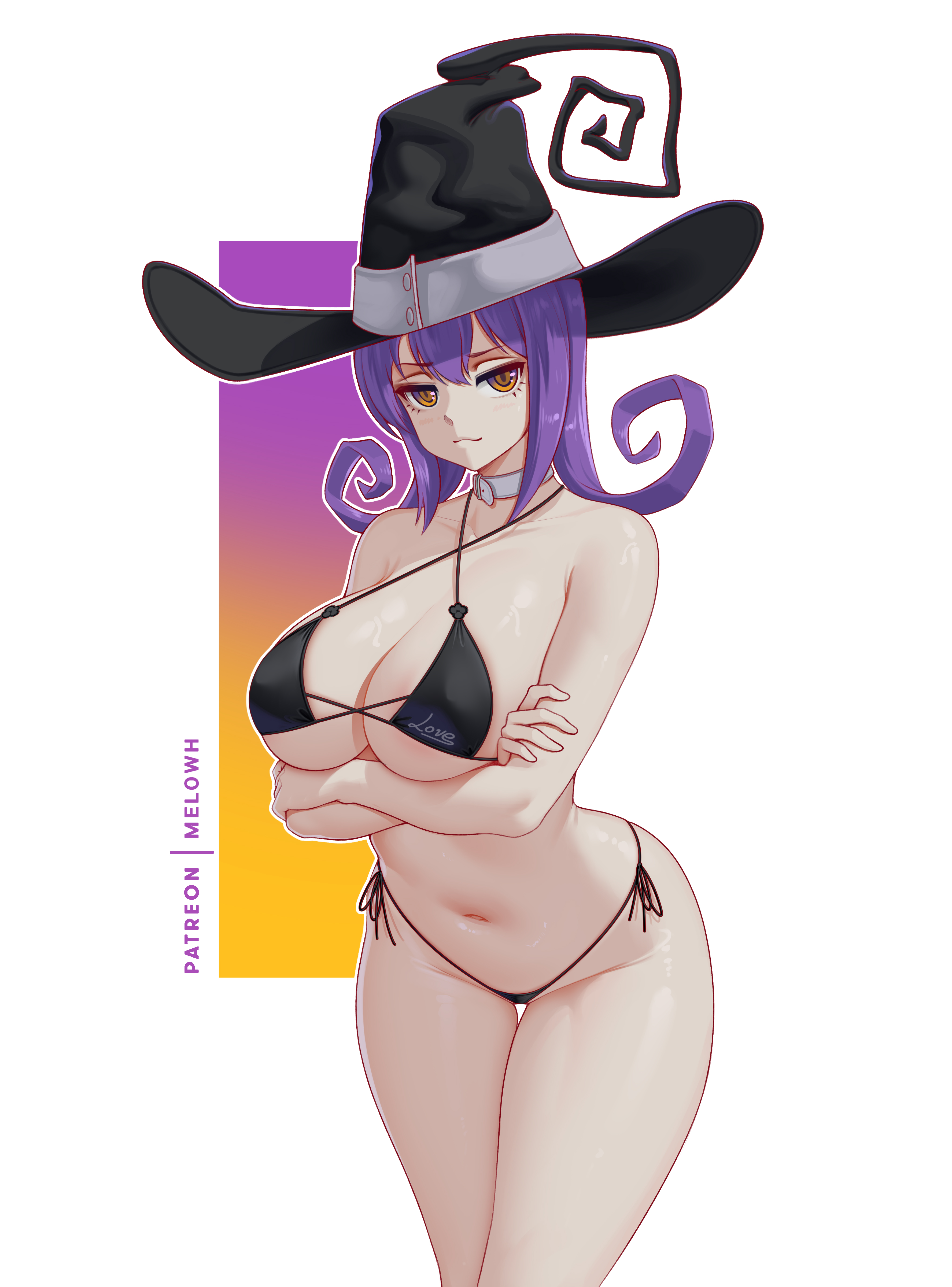 melowh, blair (soul eater), soul eater, absurdres, highres, 1girl, bikini, black bikini, breasts, brown eyes, closed mouth, collar, collarbone, hat, large breasts, long hair, looking at viewer, medium hair, navel, patreon username, purple hair, solo, standing, swimsuit, thighs, white collar, witch hat