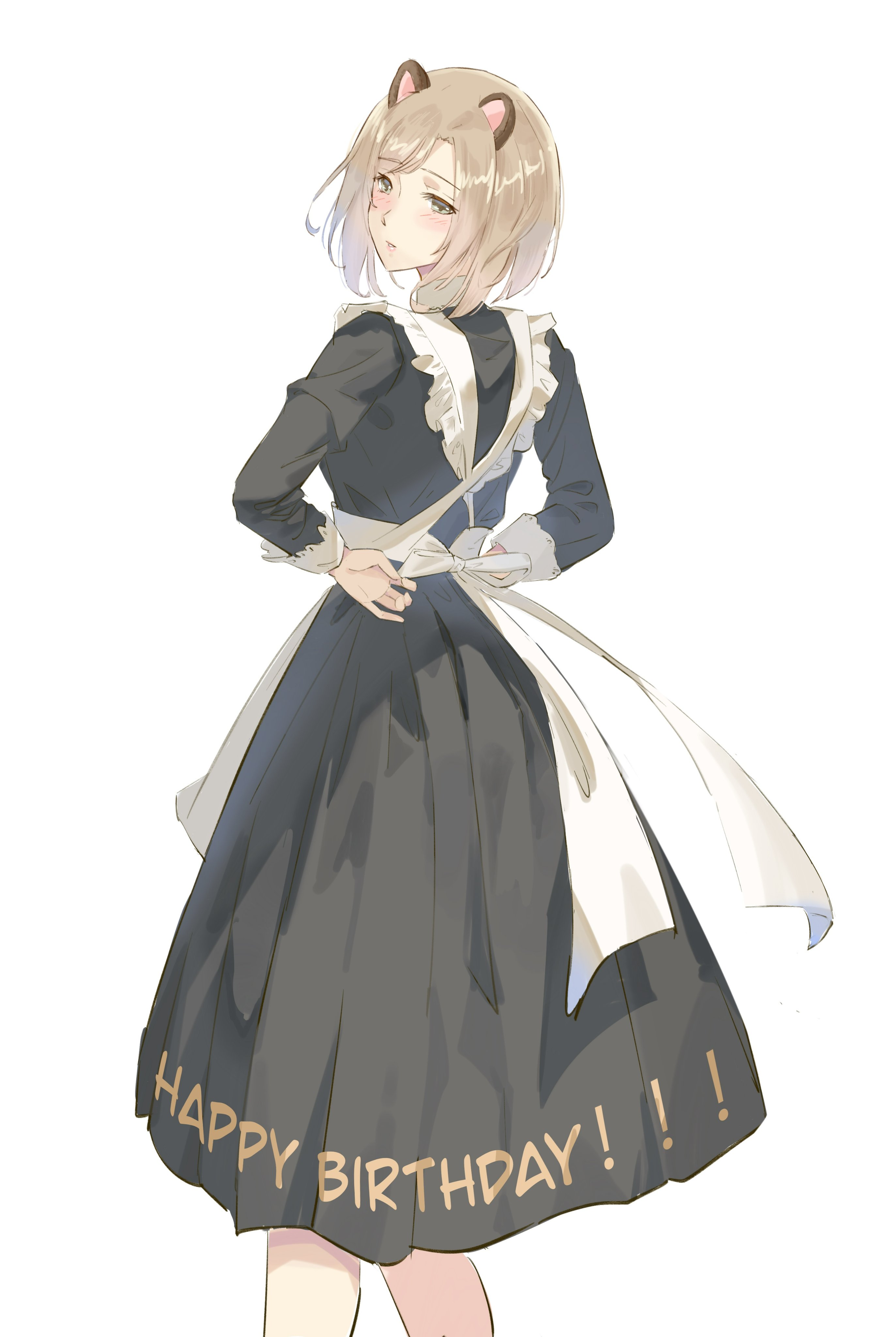 kafkasea, flowers (innocent grey), absurdres, highres, 1girl, adjusting bow, alternate costume, animal ears, apron, back bow, black dress, blonde hair, blush, bow, dalia basquiat, dress, enmaided, happy birthday, kemonomimi mode, long sleeves, looking at viewer, looking back, maid, maid apron, parted lips, short hair, simple background, solo, white background