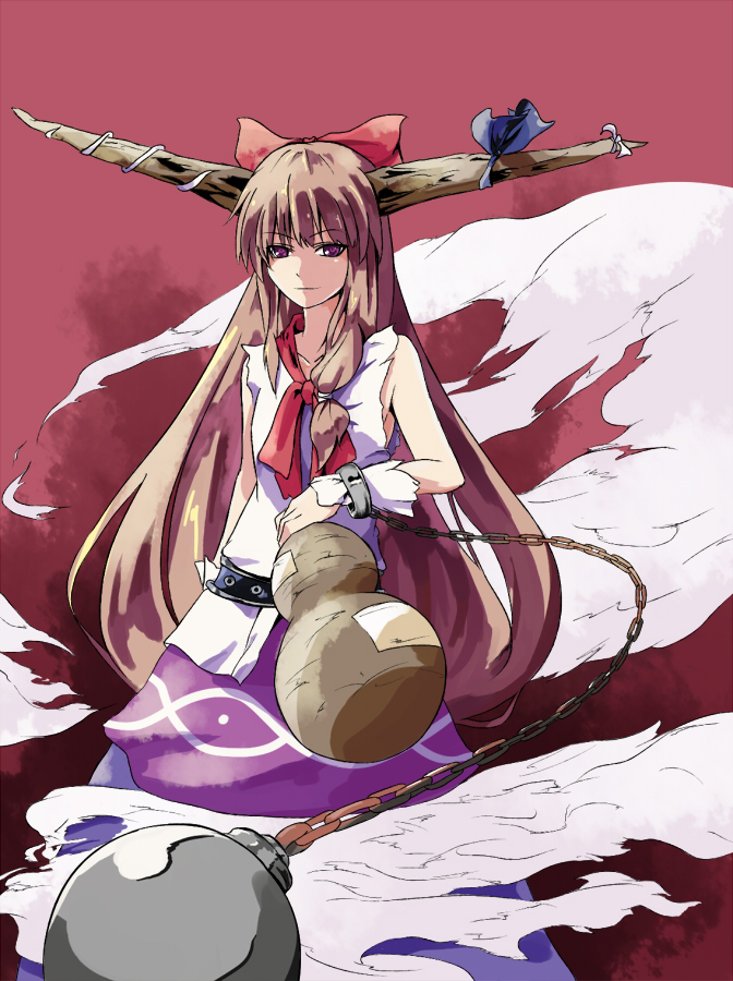 shibasaki shouji, ibuki suika, touhou, bad id, bad pixiv id, 1girl, brown hair, female focus, horns, long hair, ribbon, solo