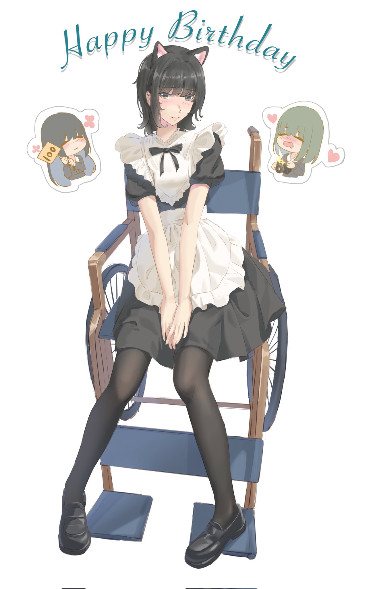 kafkasea, shirahane suou, takasaki chidori, yaegaki erika, flowers (innocent grey), commentary, english commentary, highres, 3girls, ^ ^, alternate costume, animal ears, apron, black bow, black bowtie, black dress, black hair, black pantyhose, black shoes, bow, bowtie, camera, cat ears, chibi, chibi inset, closed eyes, cropped torso, dress, drooling, enmaided, flower, green hair, hands on lap, happy birthday, heart, holding, holding camera, holding sign, kemonomimi mode, loafers, long hair, looking at viewer, maid, maid apron, mole, mole on neck, mouth drool, multiple girls, pantyhose, placard, puffy short sleeves, puffy sleeves, shoes, short hair, short sleeves, sign, simple background, sitting, smile, solo focus, sparkle, two-piece apron, waist apron, wavy mouth, wheelchair, white background