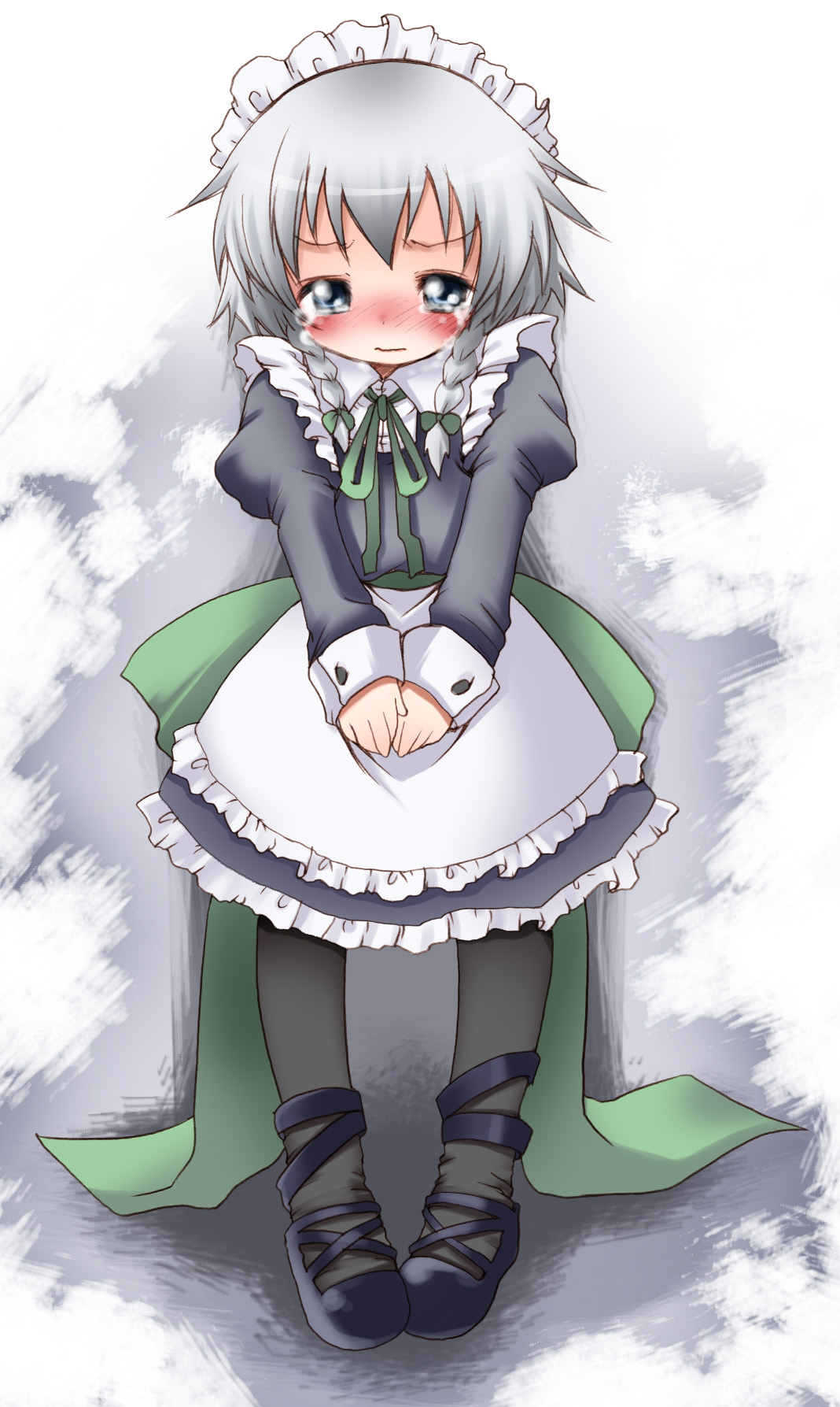 fujisaki hikari, izayoi sakuya, touhou, silver hair, highres, 1girl, aged down, braid, child, female focus, pantyhose, short hair, solo, tears, twin braids