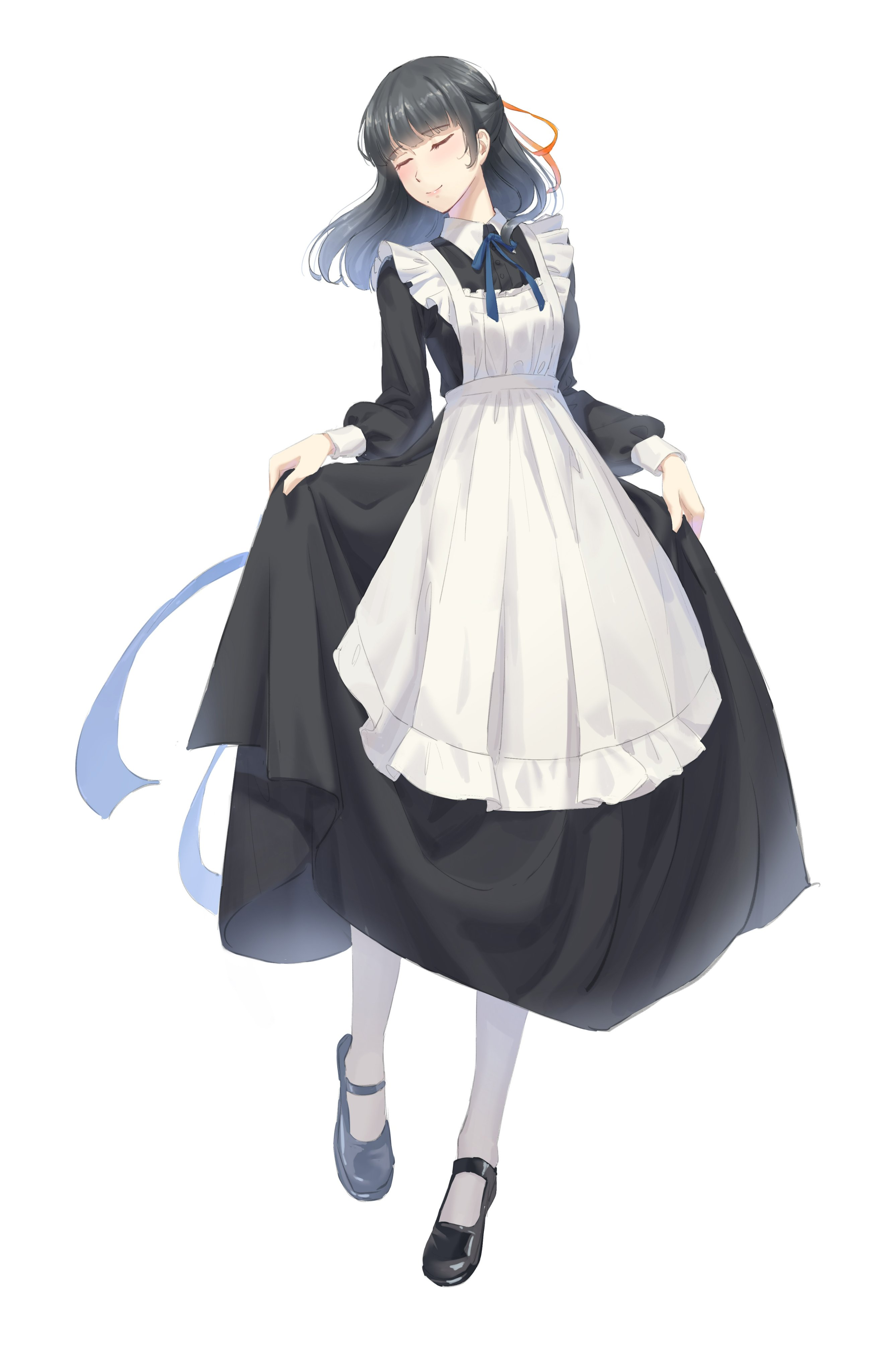 kafkasea, flowers (innocent grey), absurdres, highres, 1girl, alternate costume, apron, black dress, black hair, black shoes, blue bow, blue bowtie, blue ribbon, bow, bowtie, closed eyes, dress, enmaided, floating hair, hagiwara mio, hair ribbon, half updo, long dress, long sleeves, maid, maid apron, mary janes, medium hair, mole, mole under mouth, orange ribbon, pantyhose, ribbon, shoes, simple background, skirt hold, solo, white apron, white background, white pantyhose
