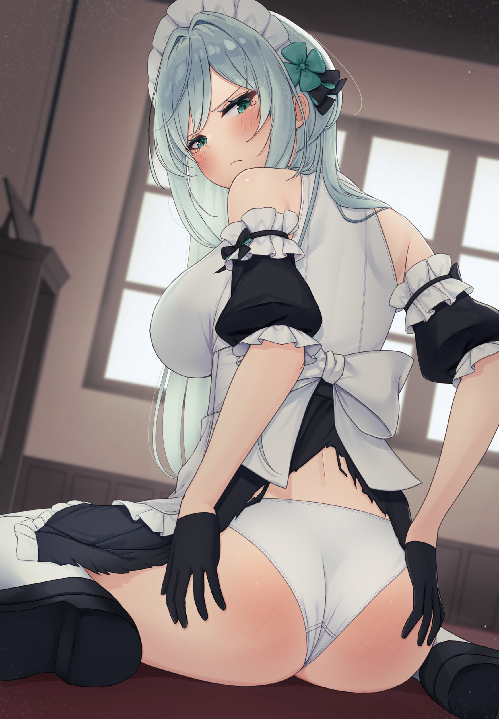 asigaru3000, original, absurdres, commission, highres, pixiv commission, 1girl, ass, back bow, bare shoulders, black gloves, black shoes, black sleeves, blush, bow, breasts, bruise, bruise on ass, closed mouth, detached sleeves, embarrassed, flower, frilled sleeves, frills, gloves, green eyes, grey hair, hair flower, hair ornament, hands on own ass, indoors, injury, large breasts, long hair, looking back, maid, maid headdress, on ground, panties, shoes, sitting, solo, spanked, tearing up, tears, torn clothes, underwear, wariza, white panties, window