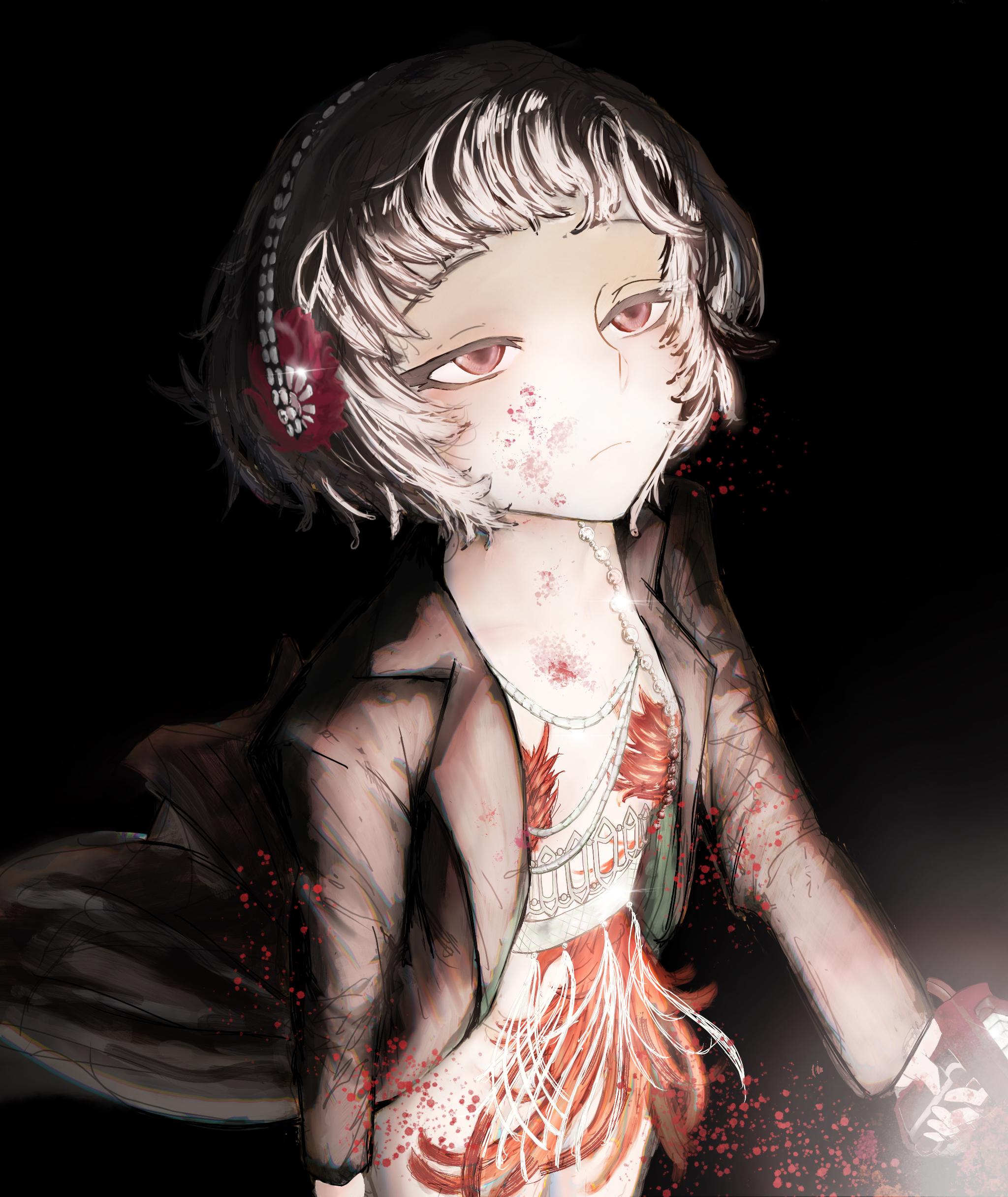 schneider (reverse:1999), reverse:1999, absurdres, highres, 1girl, black background, black coat, black hair, blood, blood on face, closed mouth, coat, cowboy shot, dress, feather dress, feather hair ornament, feathers, from above, gun, hair ornament, hairband, handgun, holding, holding gun, holding weapon, lapizza, looking up, open clothes, open coat, red dress, red eyes, red feathers, short dress, short hair, solo, weapon