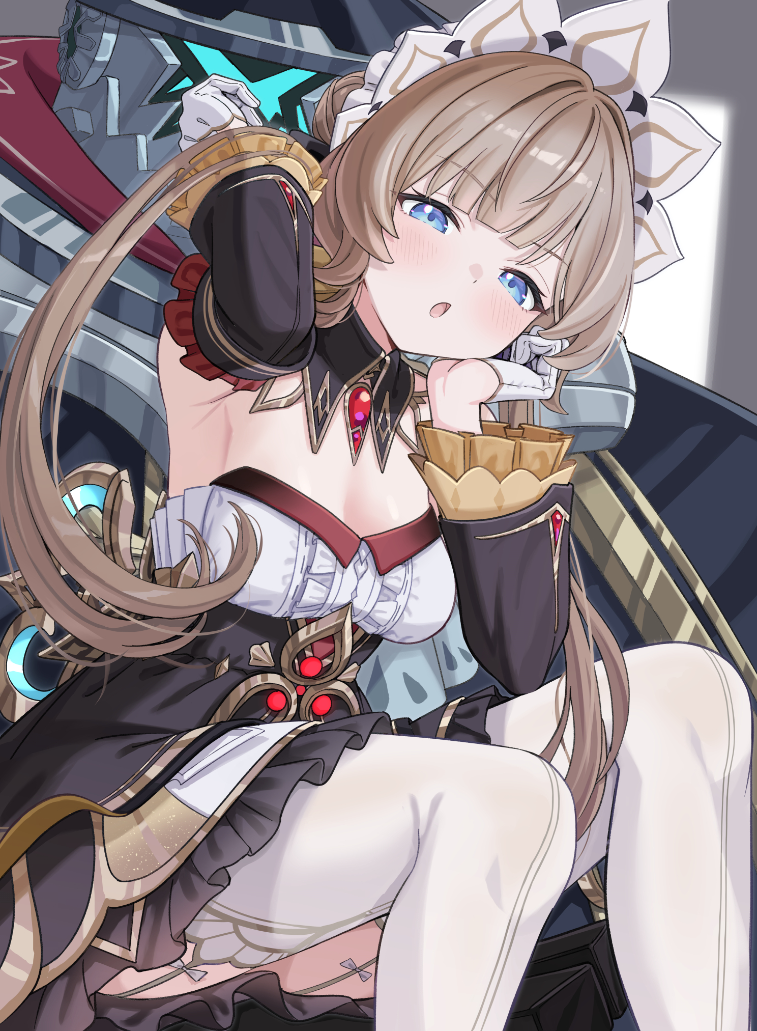 tsukimi yaya, pulonia (genshin impact), sandrone (genshin impact), genshin impact, highres, 1girl, arm up, armpits, black sleeves, blue eyes, blush, breasts, brown hair, detached collar, detached sleeves, dress, gem, gloves, headdress, looking at viewer, medium breasts, open mouth, red gemstone, robot, solo, strapless, strapless dress, thighhighs, white gloves, white headdress, white thighhighs